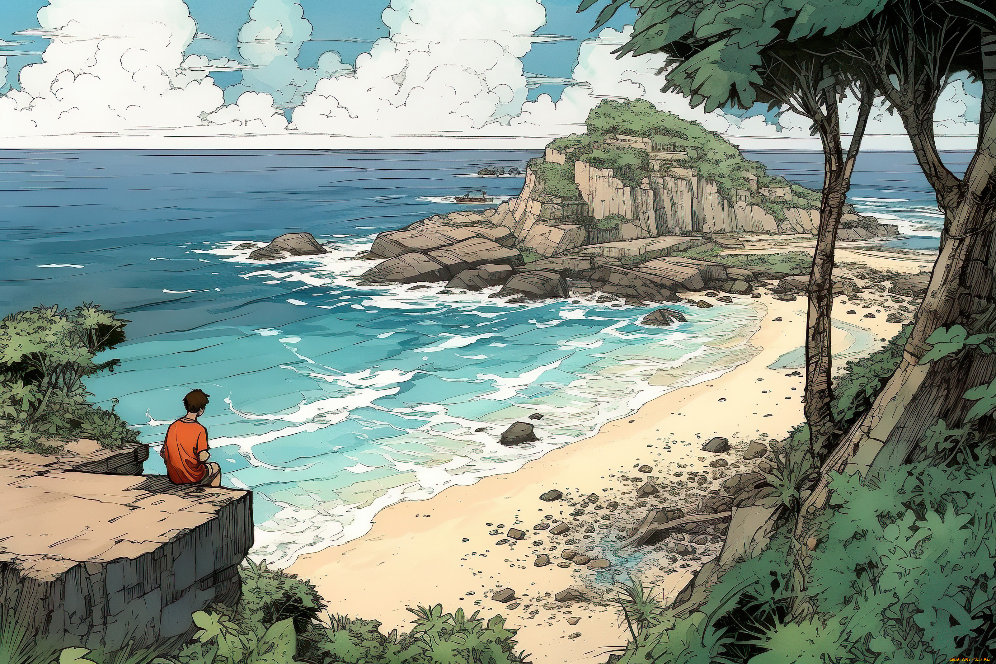 аниме, пейзажи, , природа, побережье