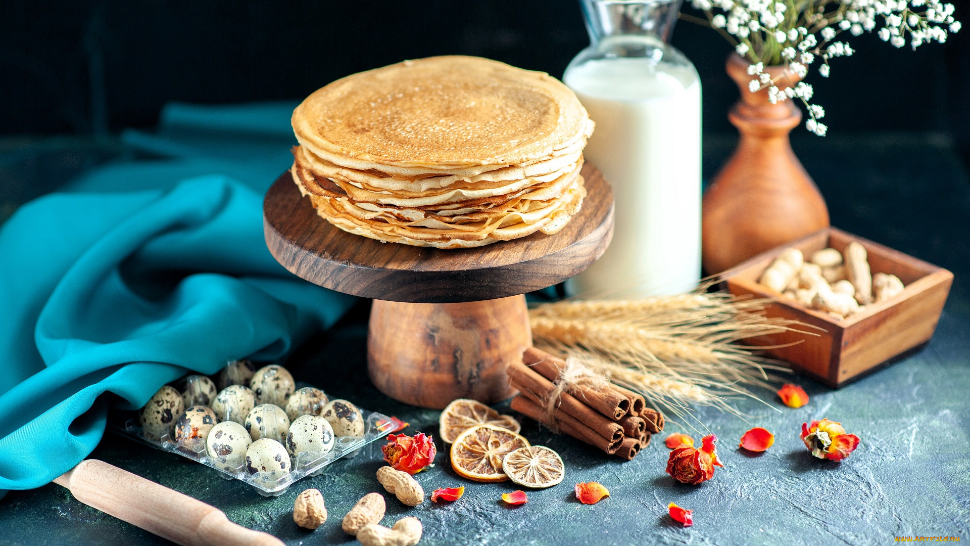 еда, блины, , оладьи, яйца, скалка, молоко, цветы, приправы