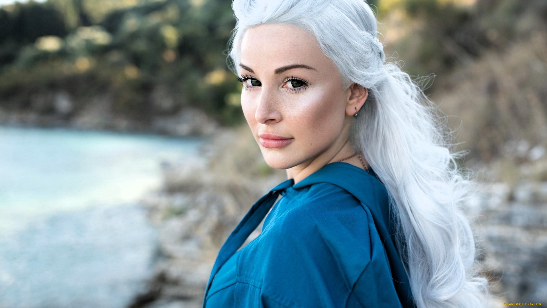 девушки, -, креатив, , косплей, блондинка, рубашка, побережье