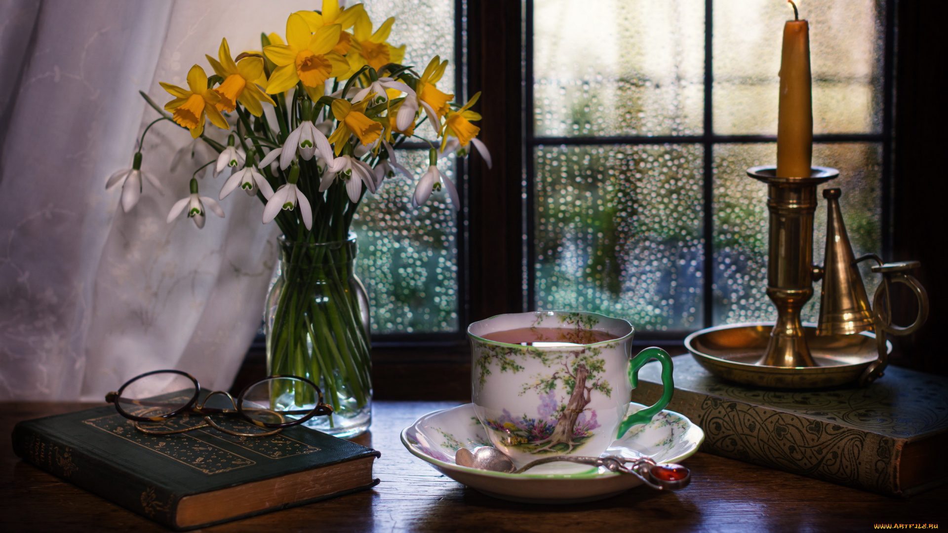 еда, напитки, , чай, свеча, букет, чашка, чай, очки, книга