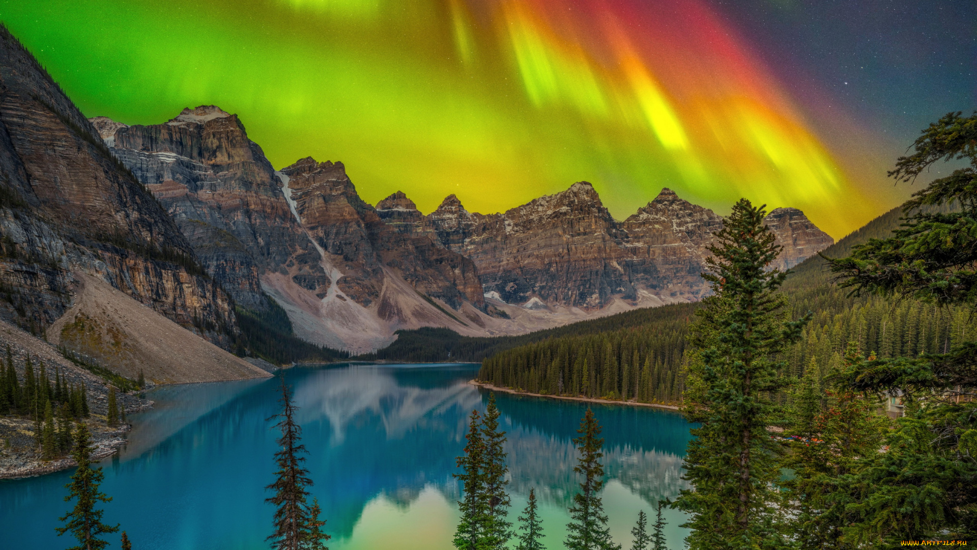 moraine, lake, banff, national, park, alberta, природа, северное, сияние, moraine, lake, banff, national, park