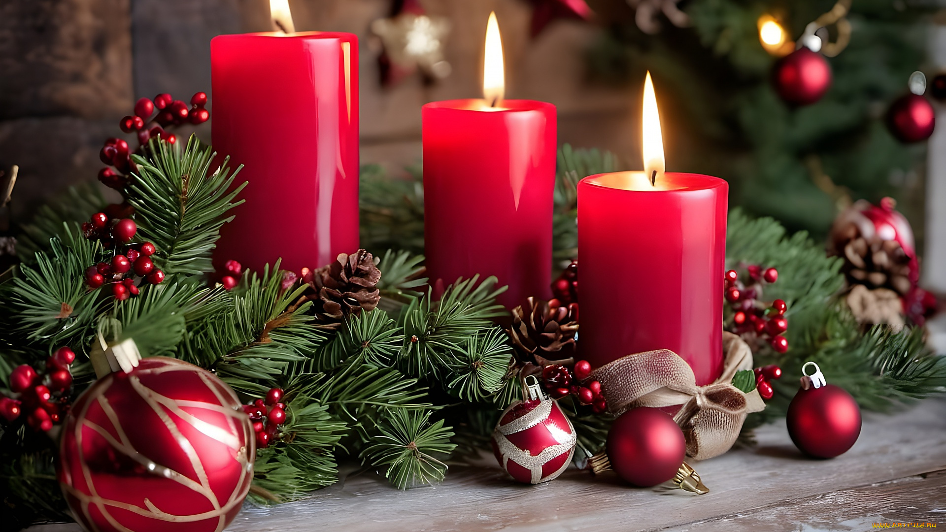 праздничные, новогодние, свечи, шишки, свечи, огоньки, шарики