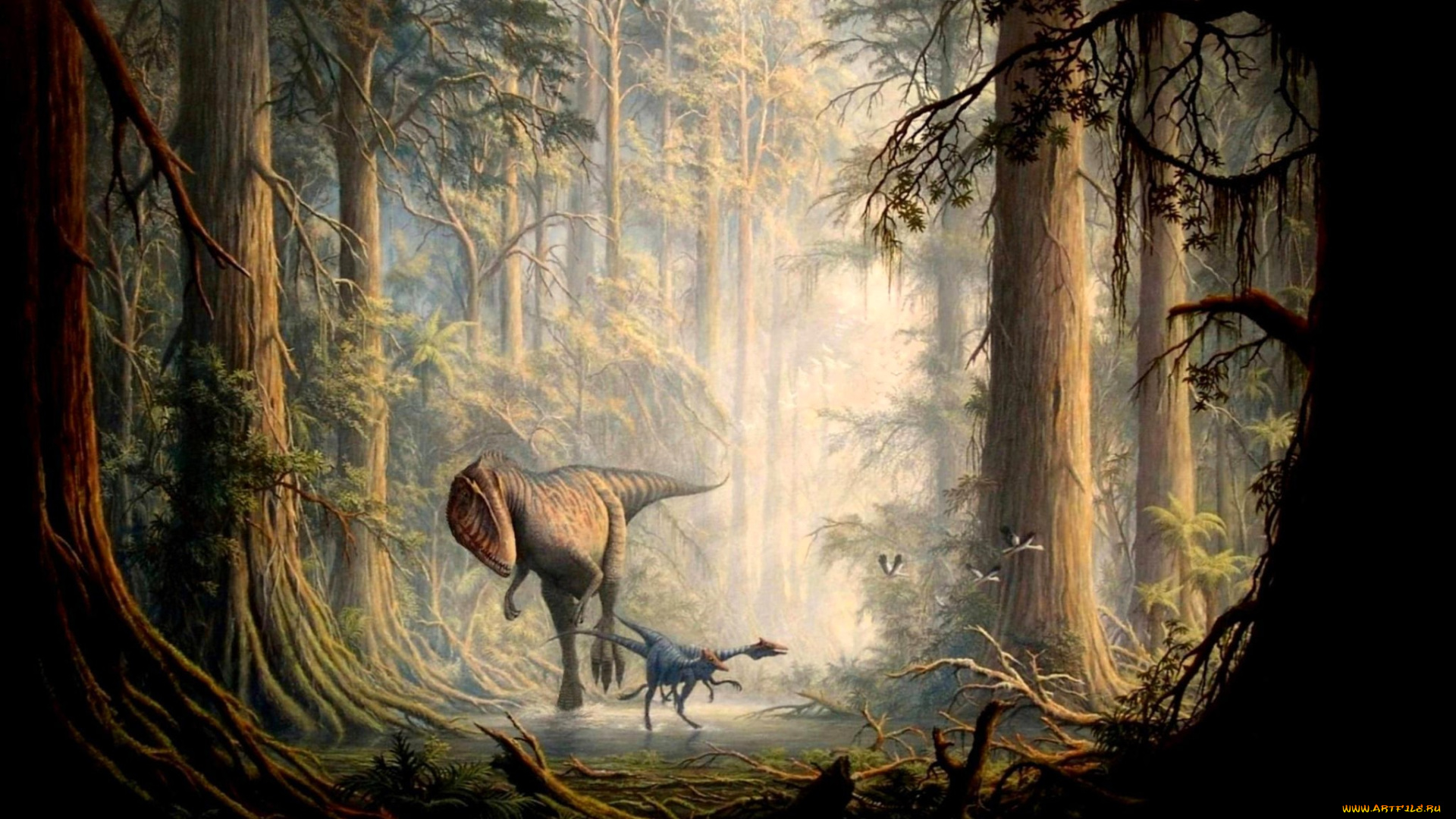 рисованное, животные, , доисторические, динозавры, погоня, лес, ручей