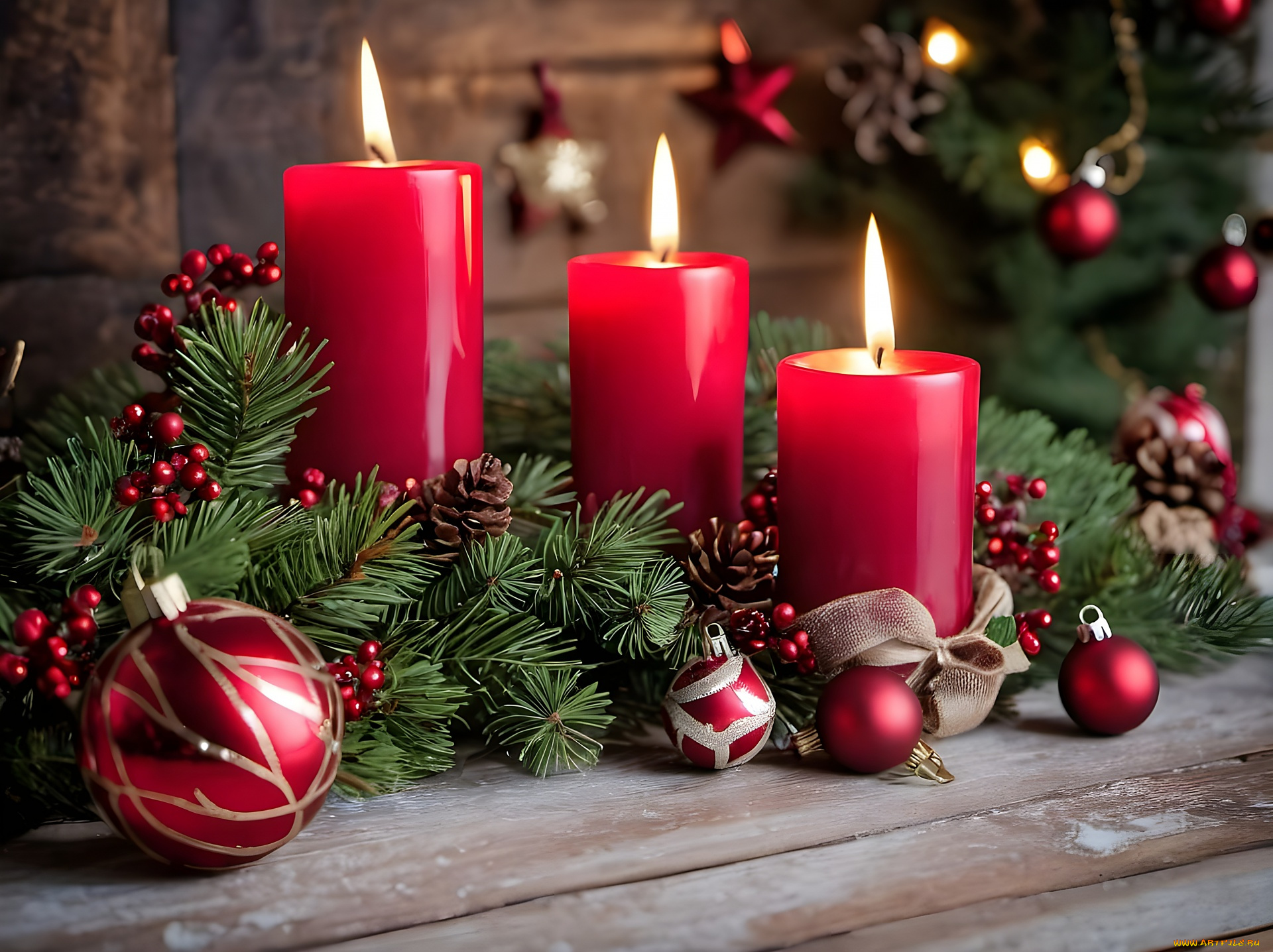 праздничные, новогодние, свечи, шишки, свечи, огоньки, шарики