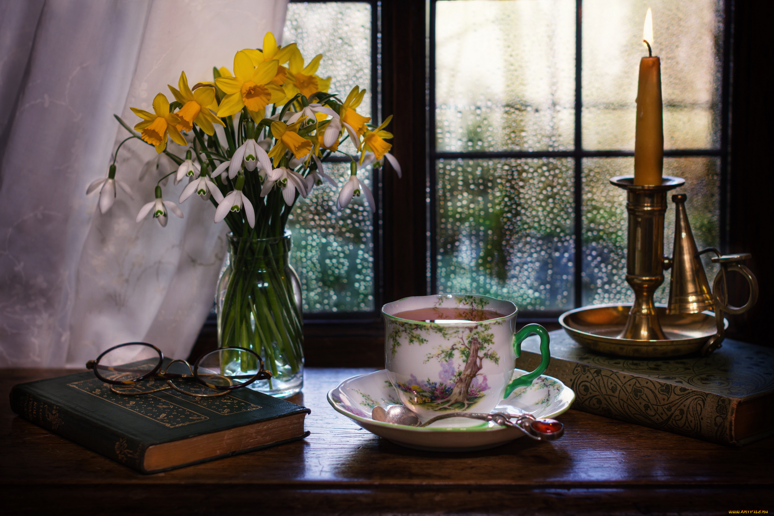 еда, напитки, , чай, свеча, букет, чашка, чай, очки, книга