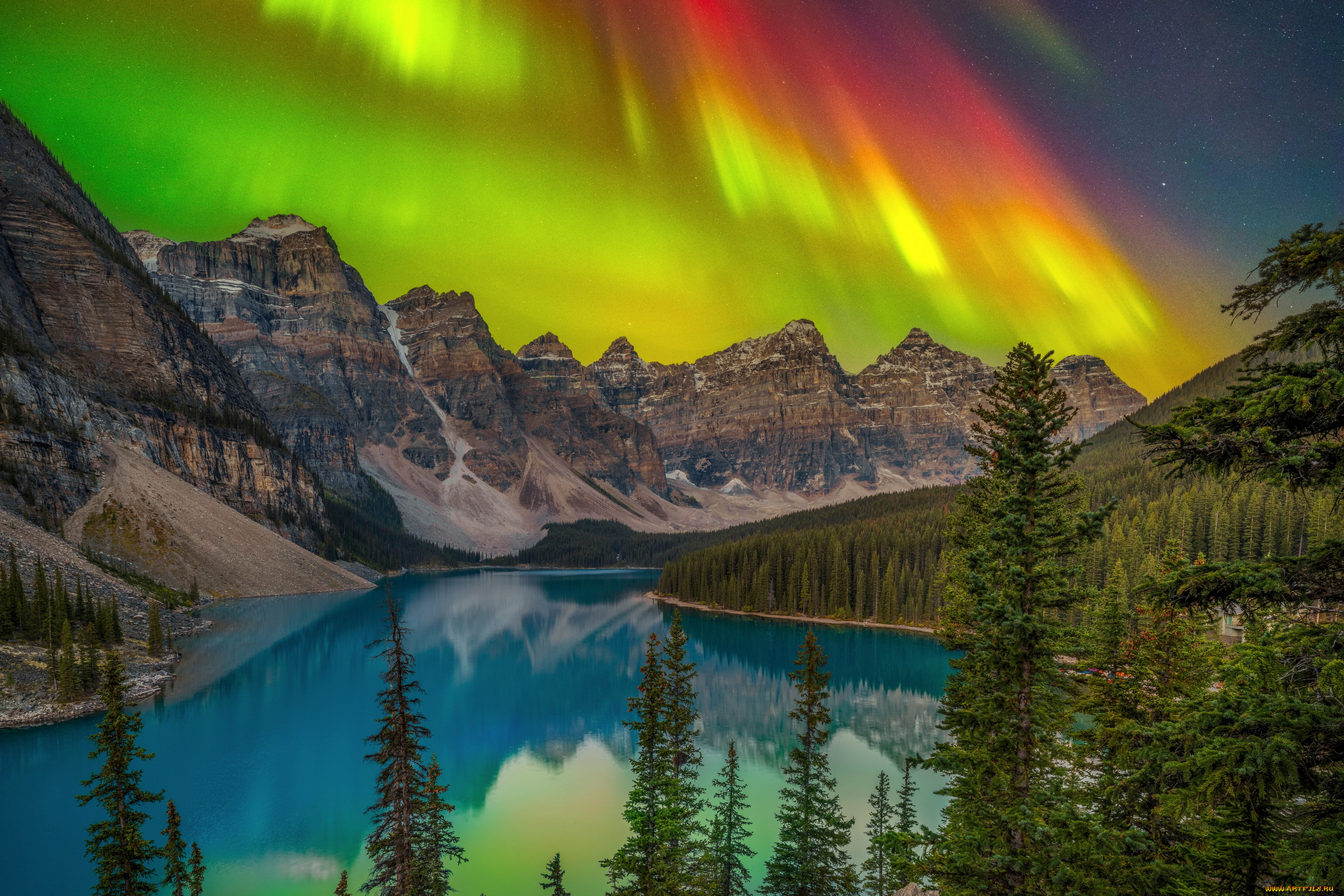 moraine, lake, banff, national, park, alberta, природа, северное, сияние, moraine, lake, banff, national, park