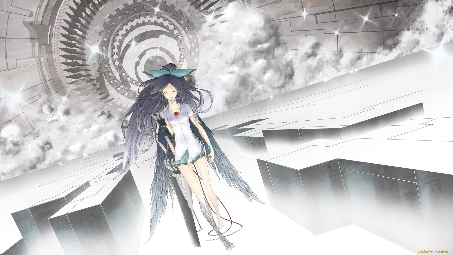 аниме, touhou, глаз, оружие, крылья, перья, дым, механизм, демон, бант, ichino, because0623, reiuji, utsuho, девушка