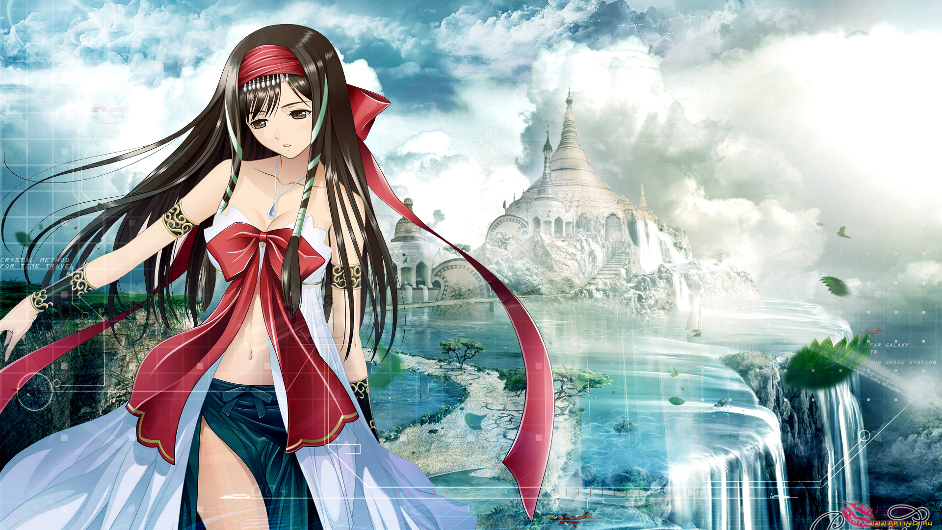 shining, hearts, аниме, tears, wind, пейзаж, водопад, замок, девушка