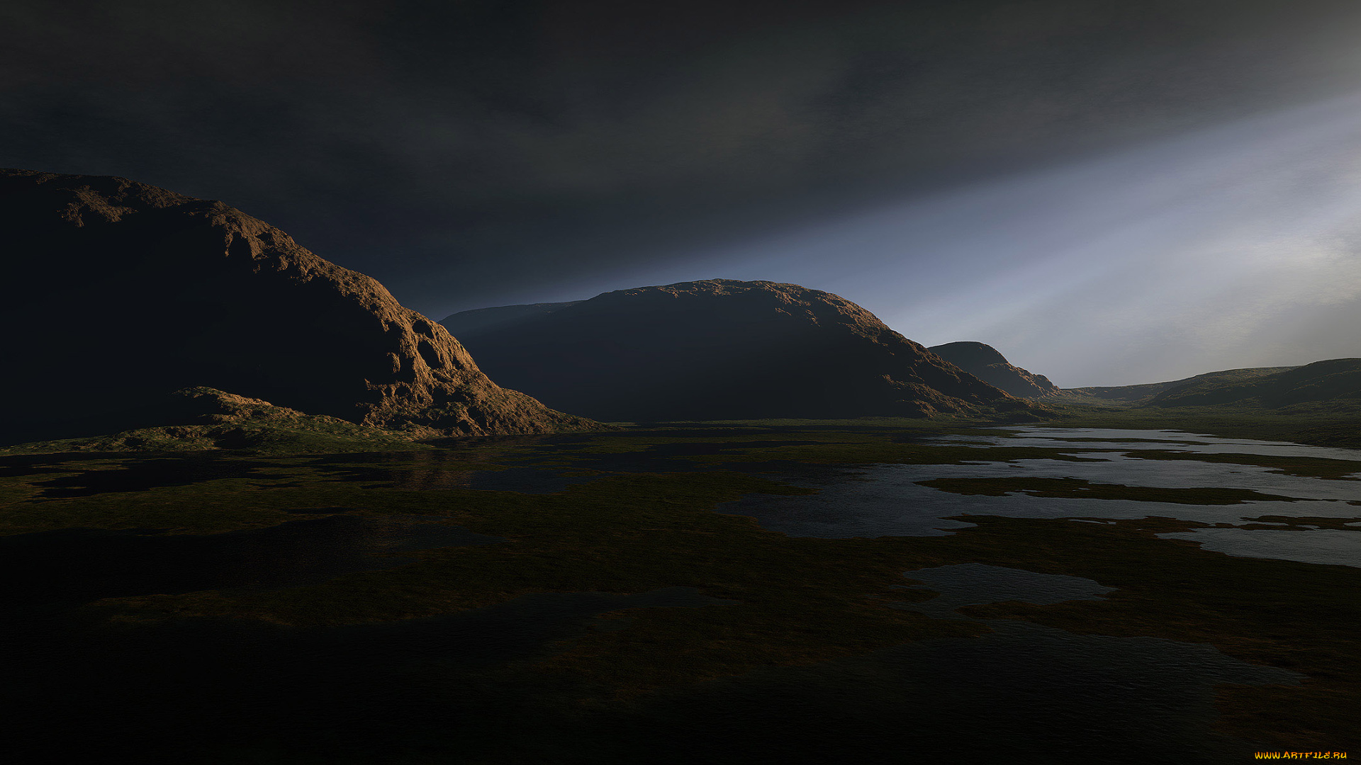 3д, графика, nature, landscape, природа, рассвет, вода, холмы, равнина