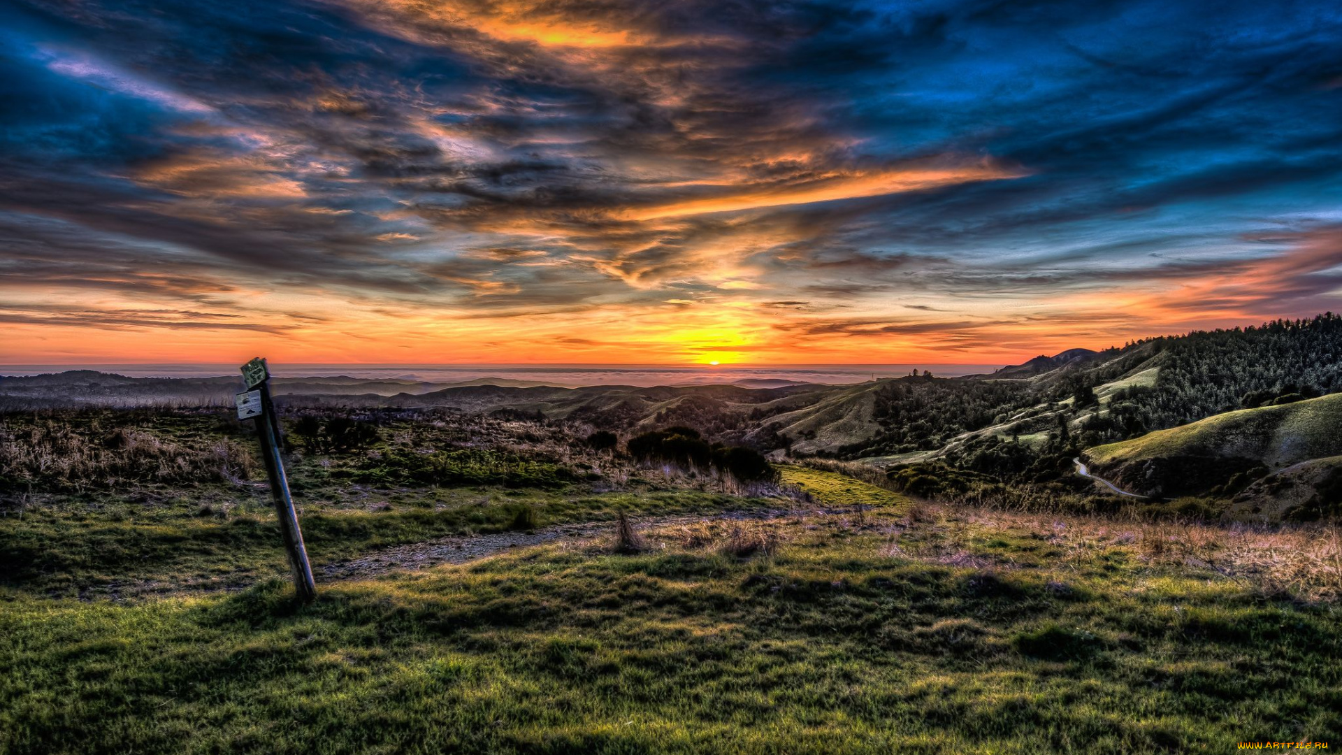 природа, восходы, закаты, закат, холмы