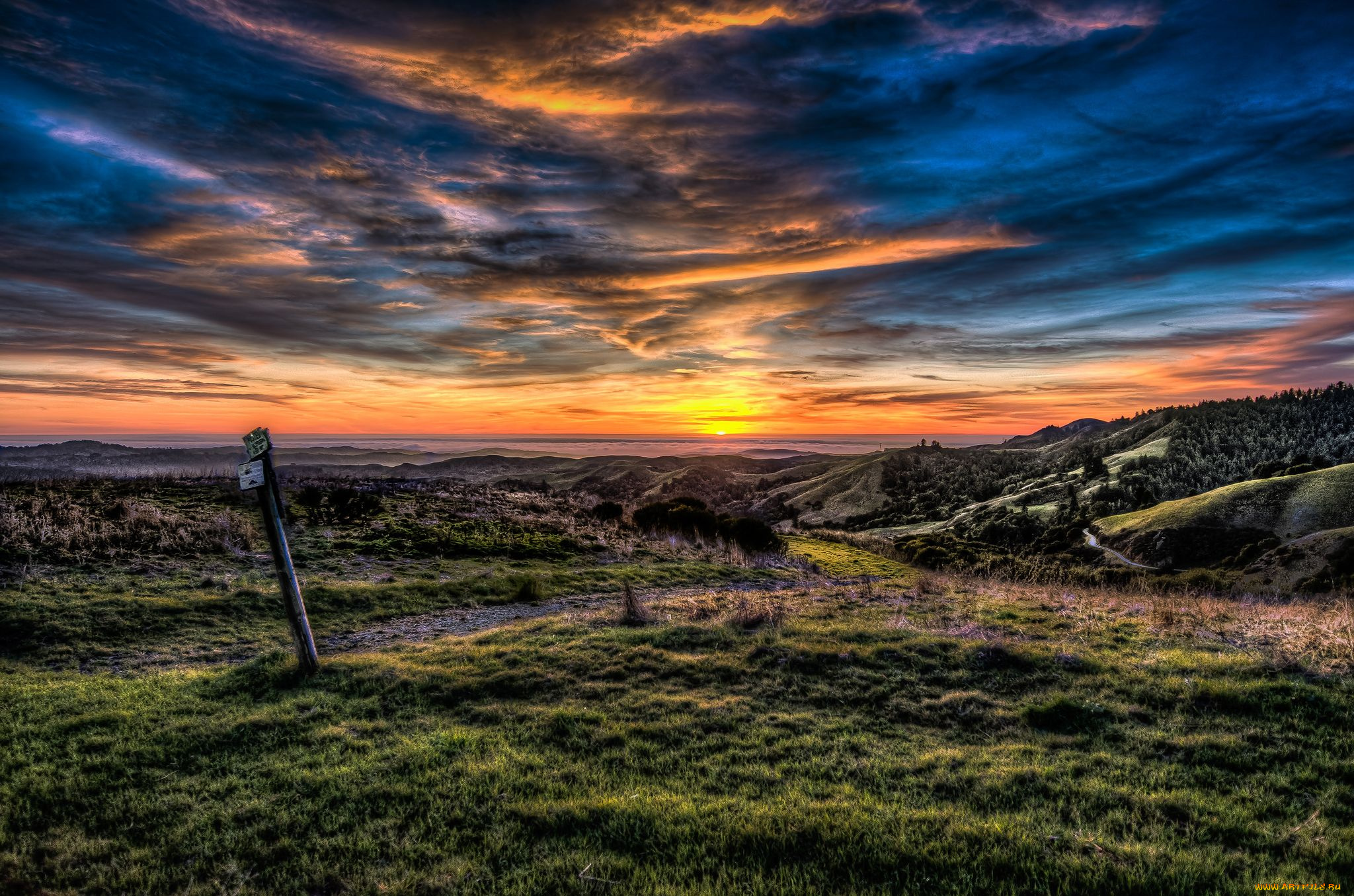 природа, восходы, закаты, закат, холмы