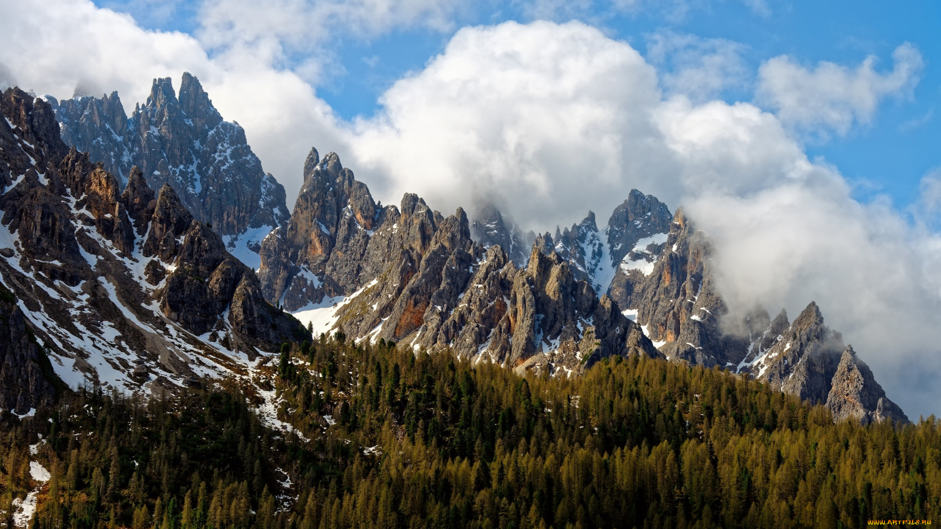 природа, горы, италия, лес, облака, небо, весна, доломитовые, альпы, скалы, пики