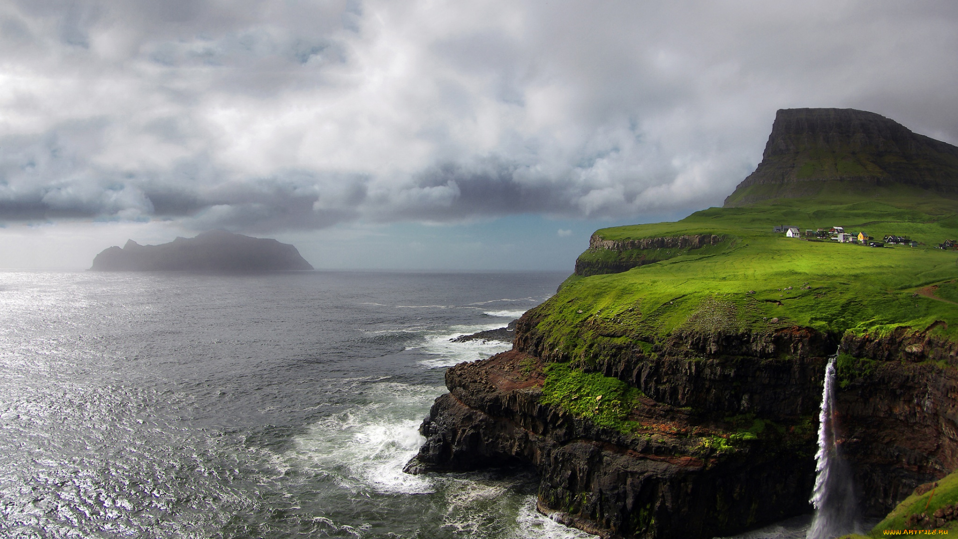 природа, побережье, фарерские, острова, остров, гора, атлантический, океан, водопад, скалы