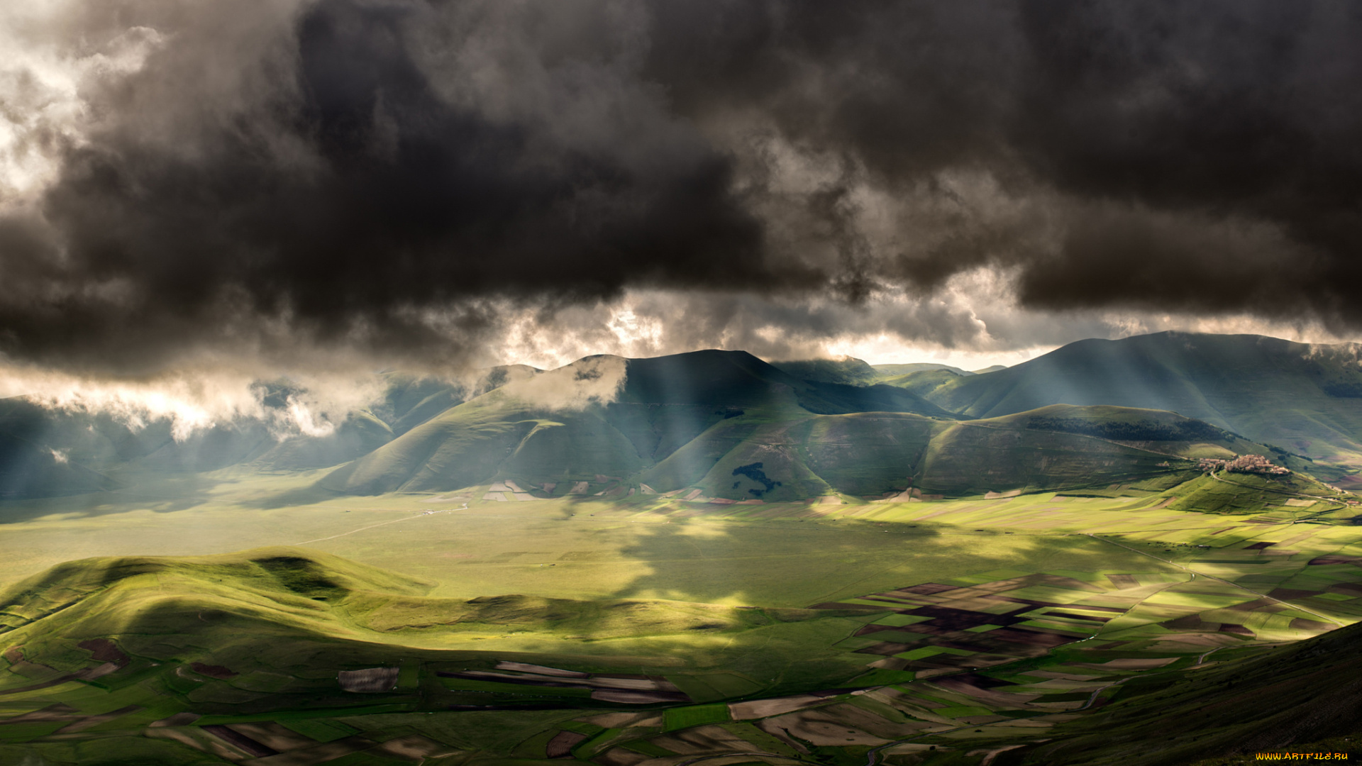 природа, поля, италия, свет, облака, тучи, небо