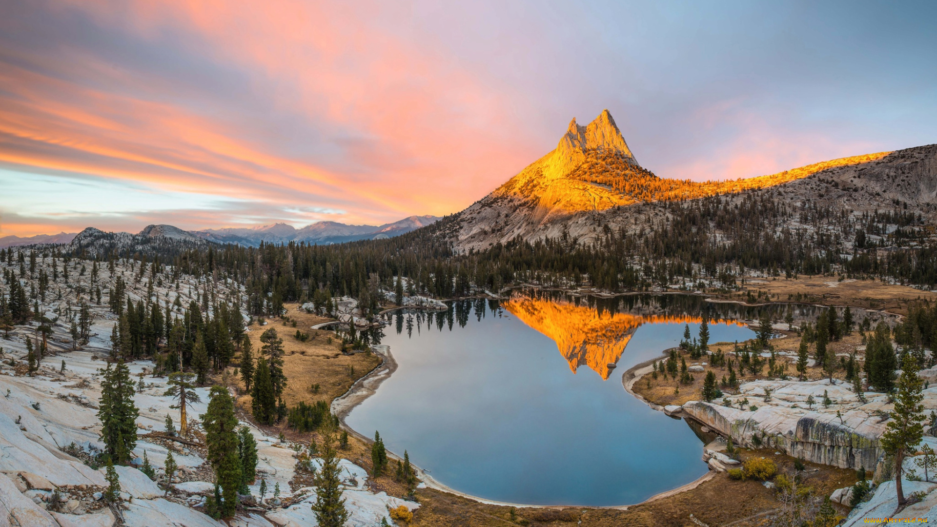 природа, реки, озера, вечер, соборное, озеро, горы, йосемити, национальный, парк, калифорния, штат, сша
