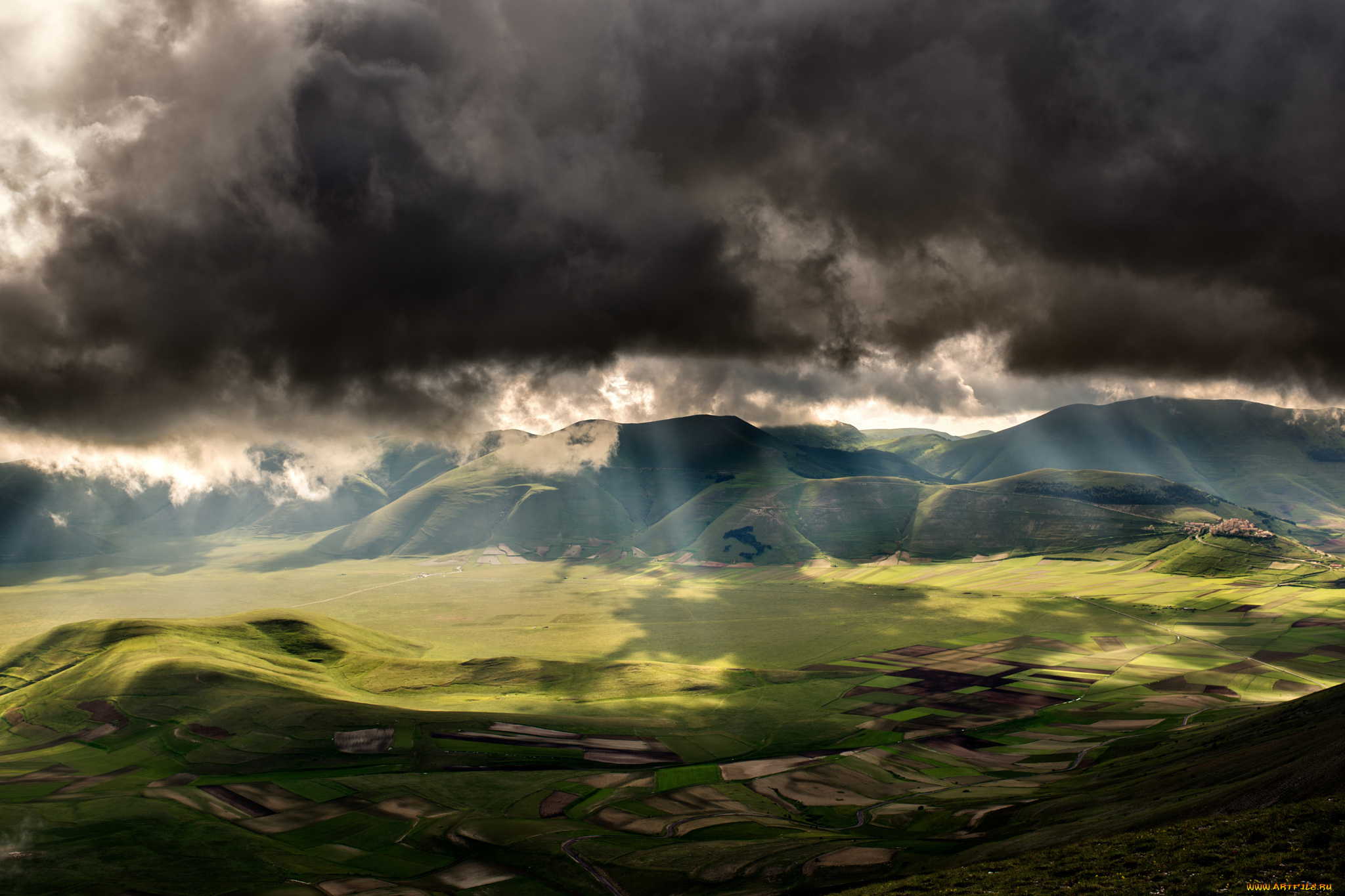 природа, поля, италия, свет, облака, тучи, небо