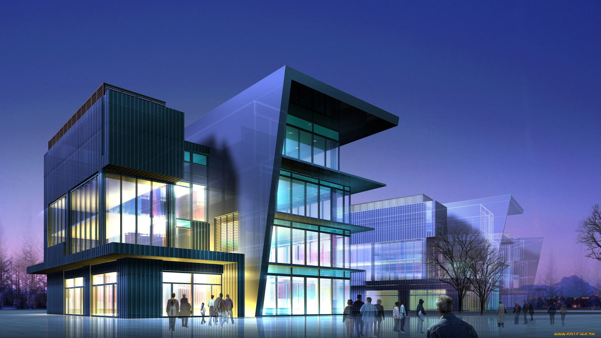 3д, графика, архитектура, , architecture, здание, люди, огни