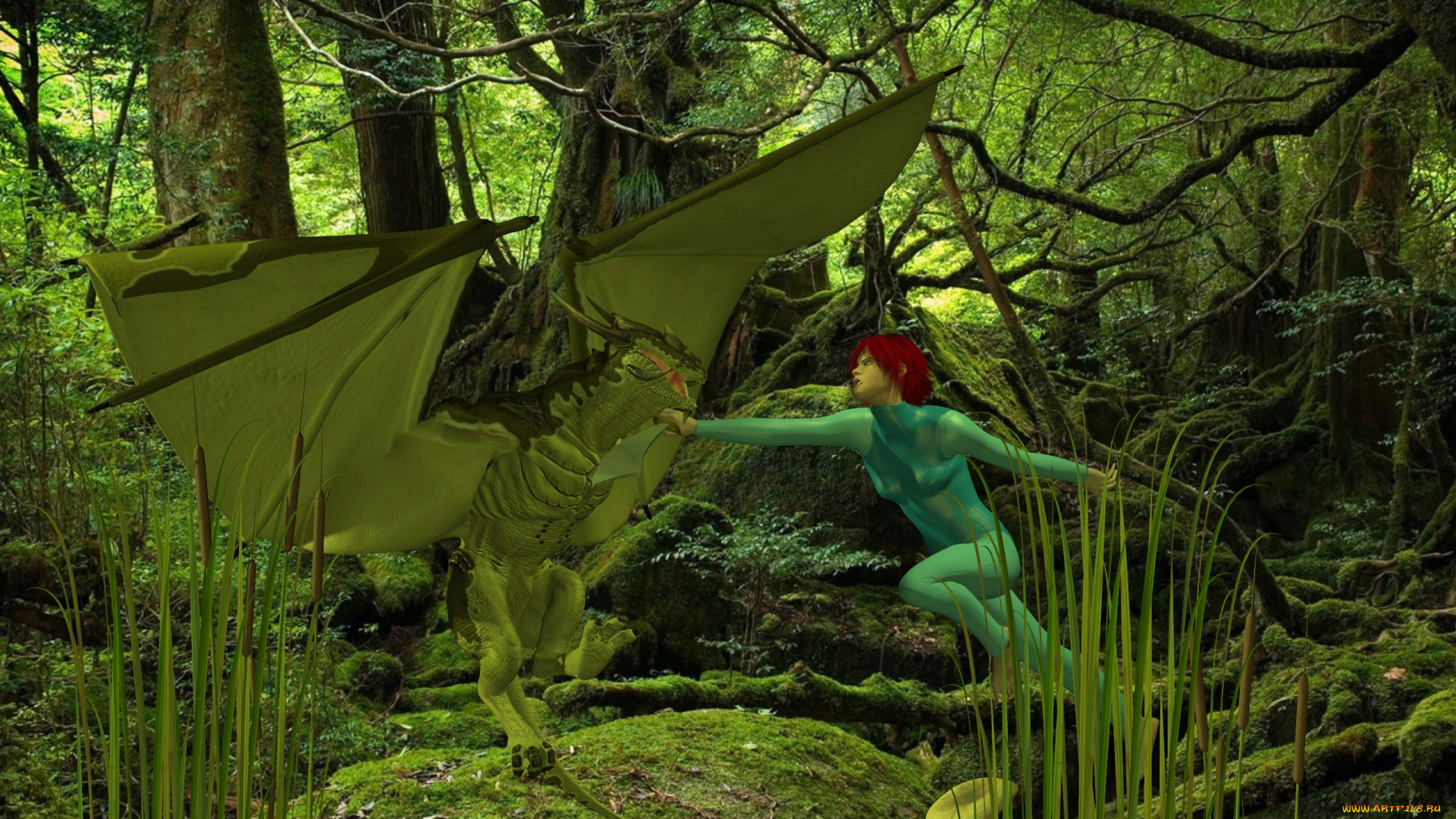 3д, графика, фантазия, , fantasy, фон, лес, дракон, взгляд, девушка
