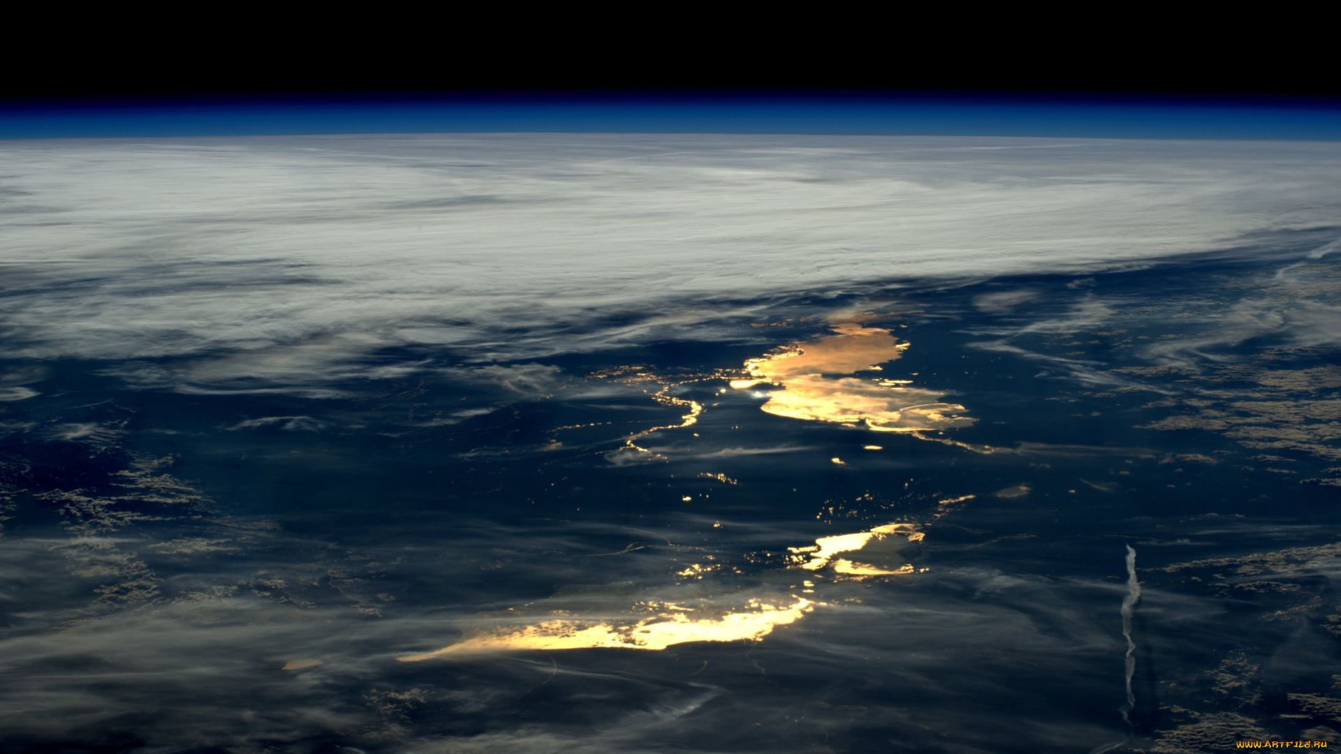 космос, земля, поверхность, облака, огни, планета