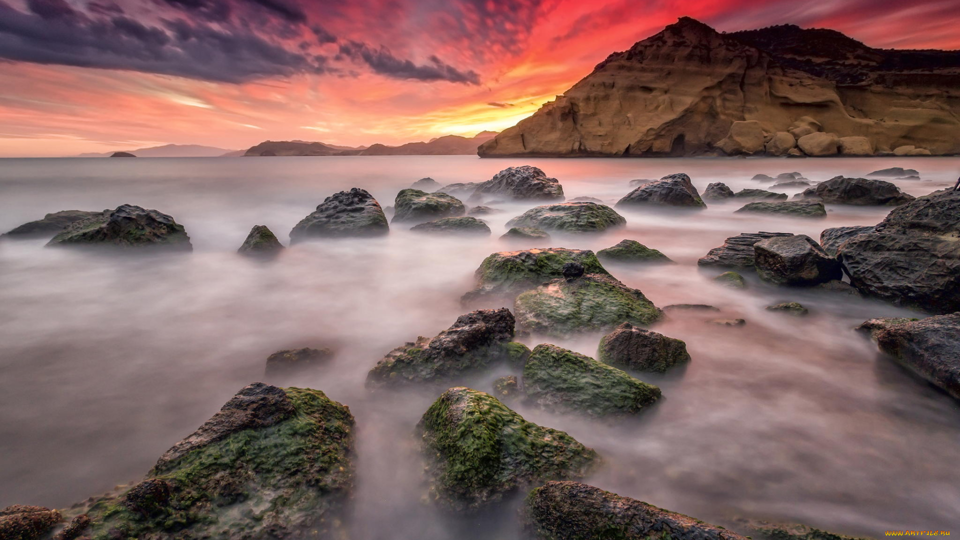 природа, побережье, гора, скалы, море, берег, камни, рассвет