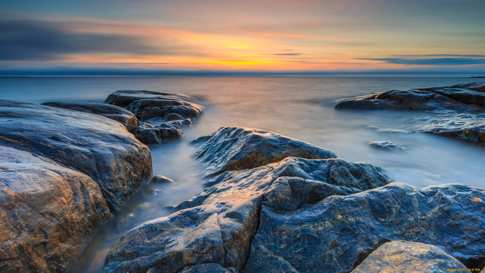 природа, побережье, горизонт, небо, море, рассвет, берег, камни