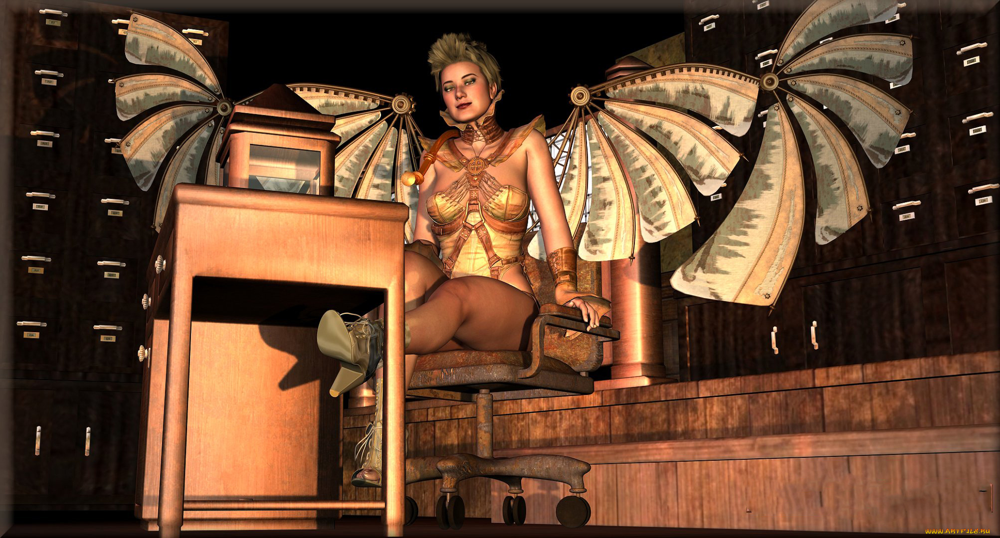 3д, графика, существа, , creatures, девушка, крылья, взгляд, фон