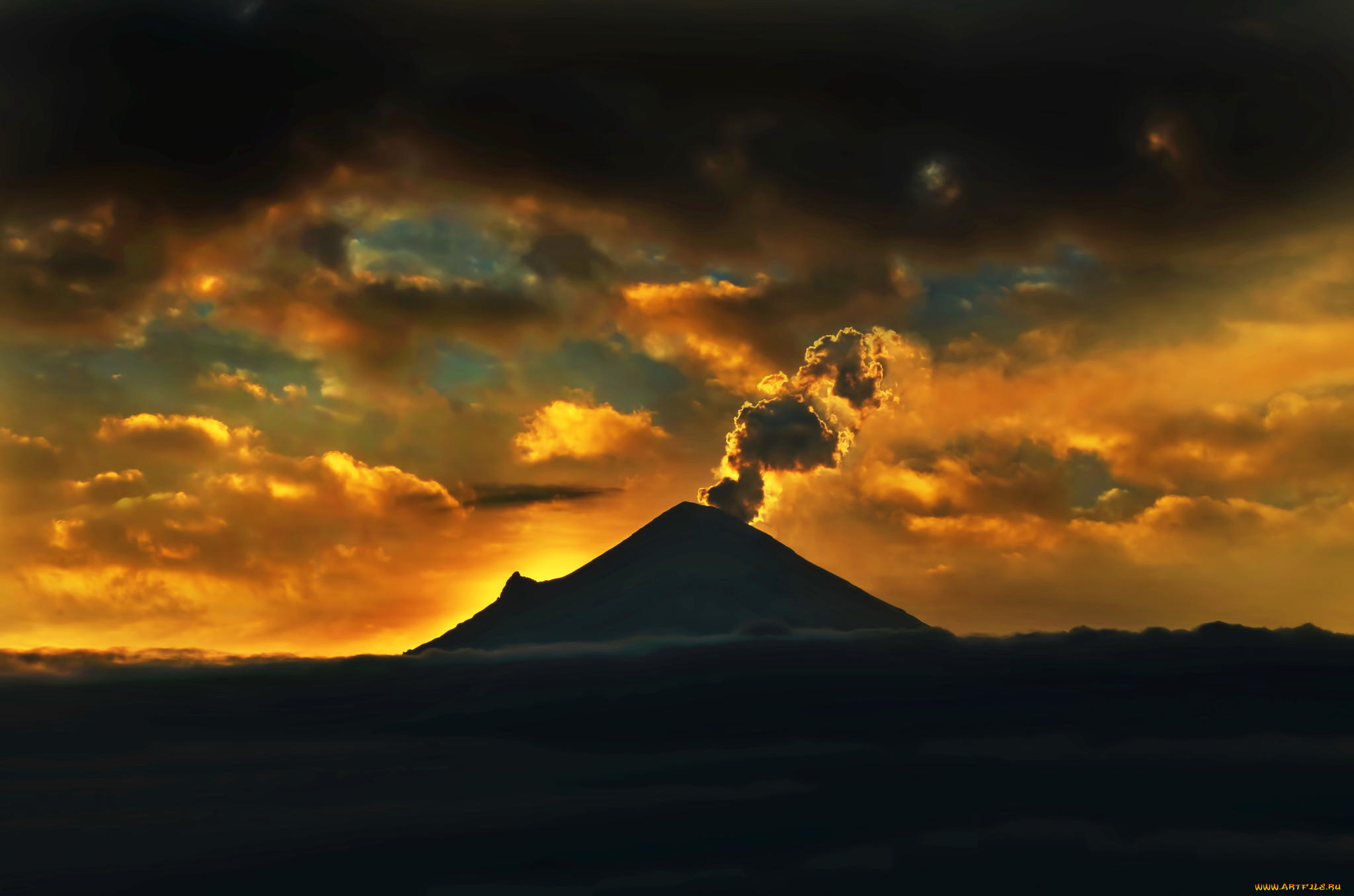 природа, стихия, небо, гора, вулкан, облака, рассвет
