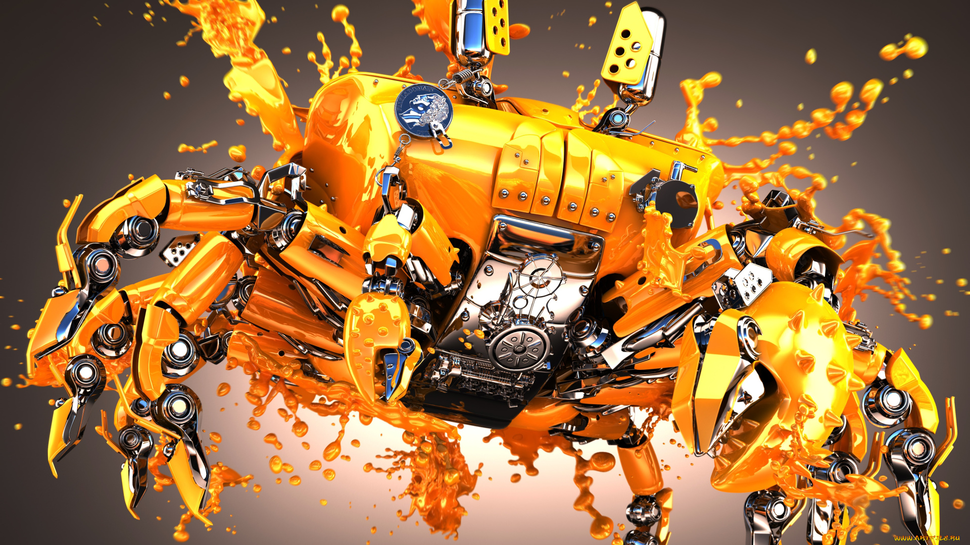 3д, графика, моделирование, , modeling, брызги, вода, желтый, капли, блеск, металл, краб