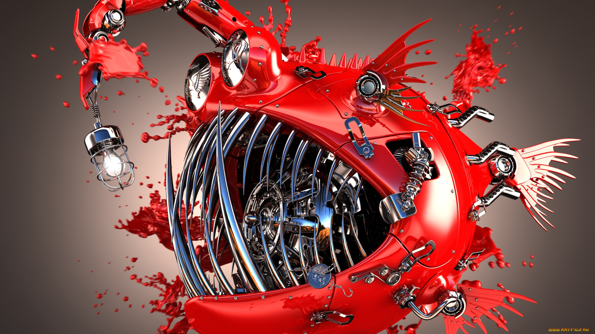 3д, графика, моделирование, , modeling, капли, брызги, металл, блеск, красная, детали, рыба, фонарь