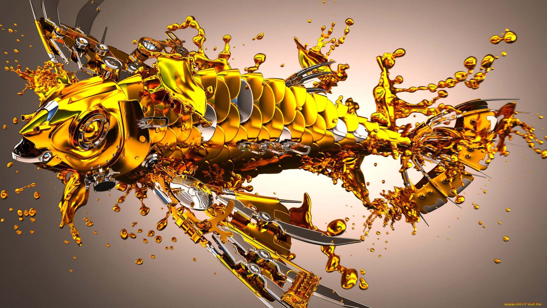 3д, графика, моделирование, , modeling, вода, капли, брызги, металл, блеск, рыба, желтая