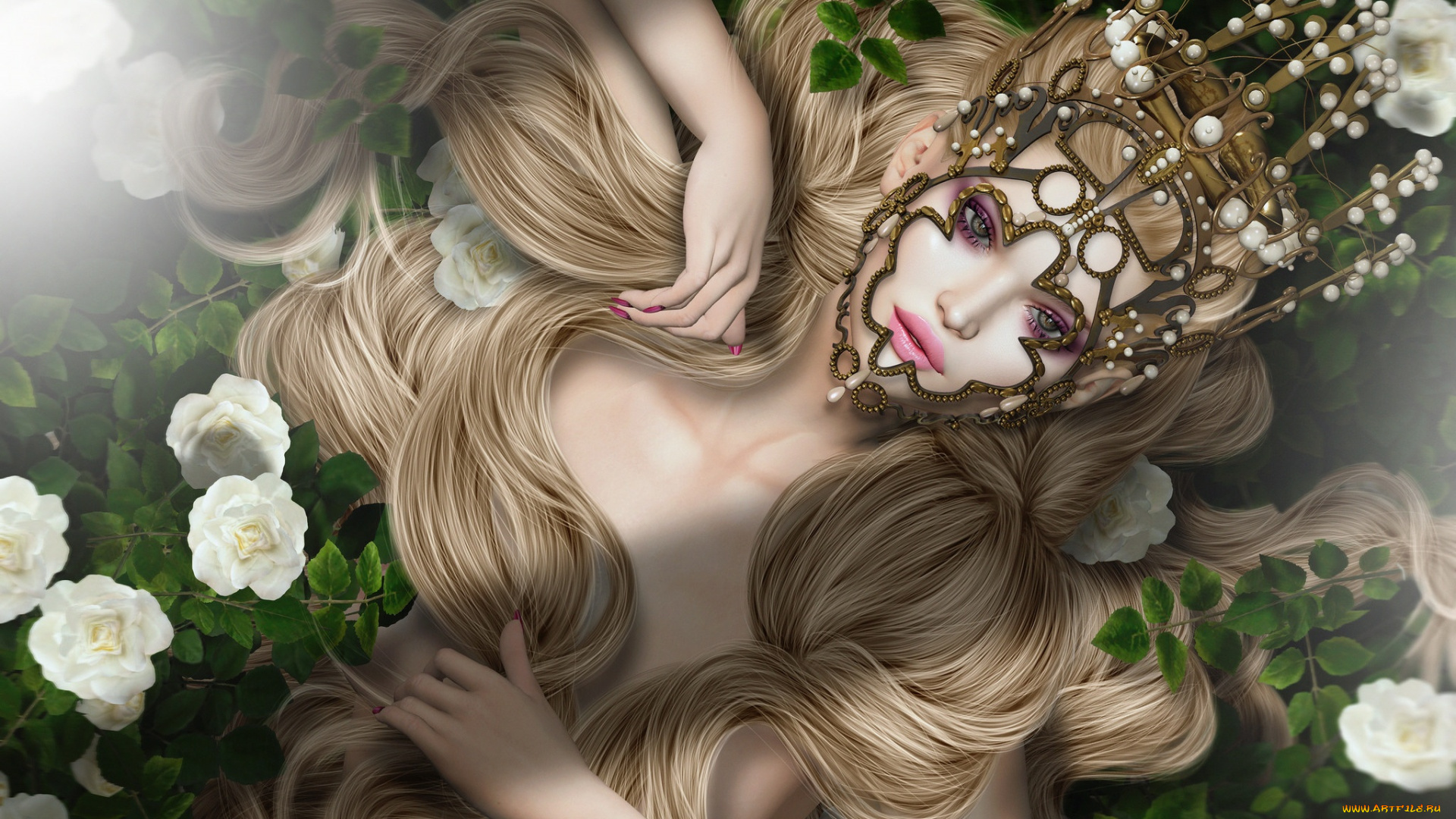3д, графика, портрет, , portraits, девушка, украшение, блондинка, волосы, розы
