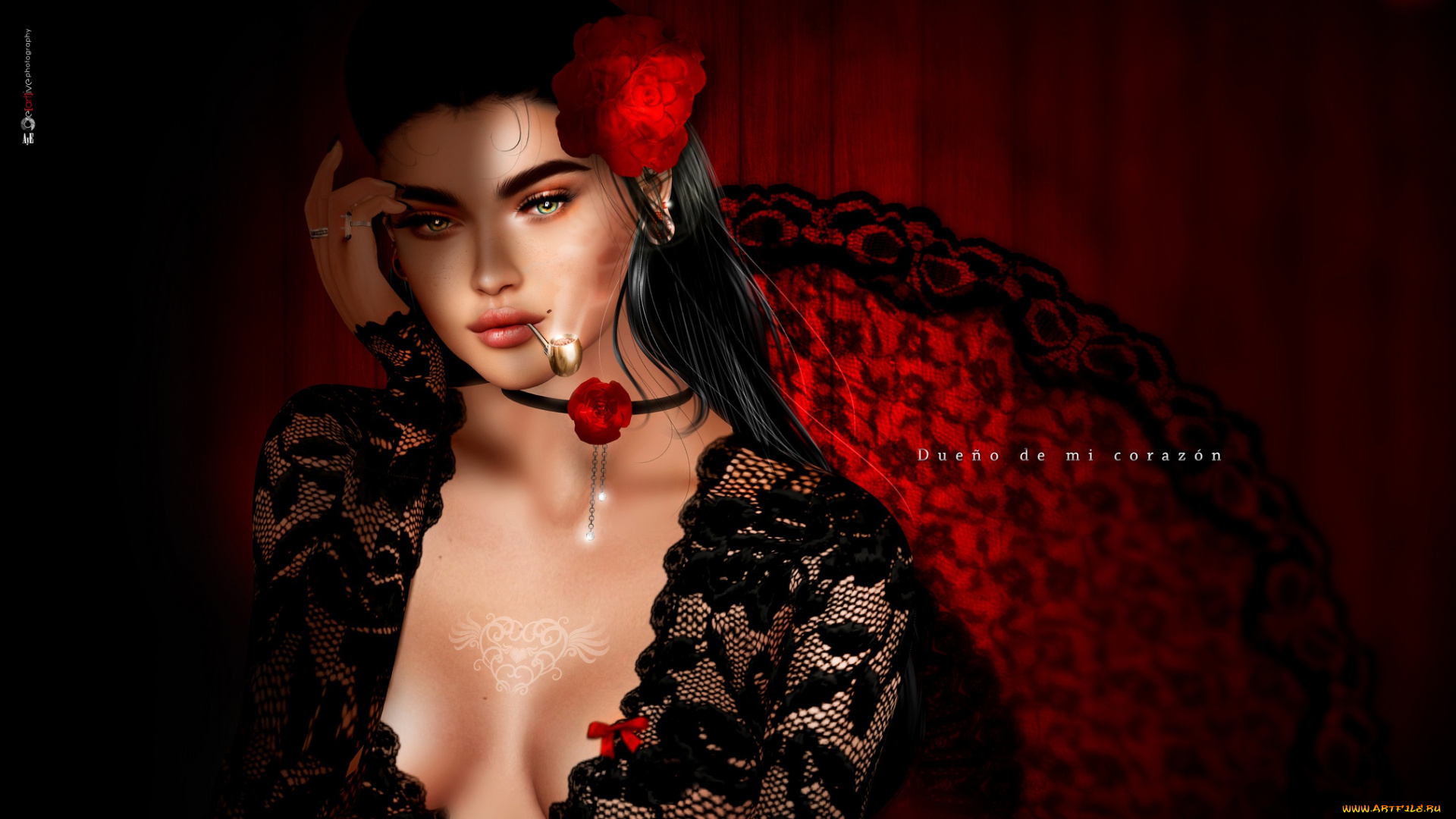 3д, графика, портрет, , portraits, испанка, кружева, трубка, роза, девушка