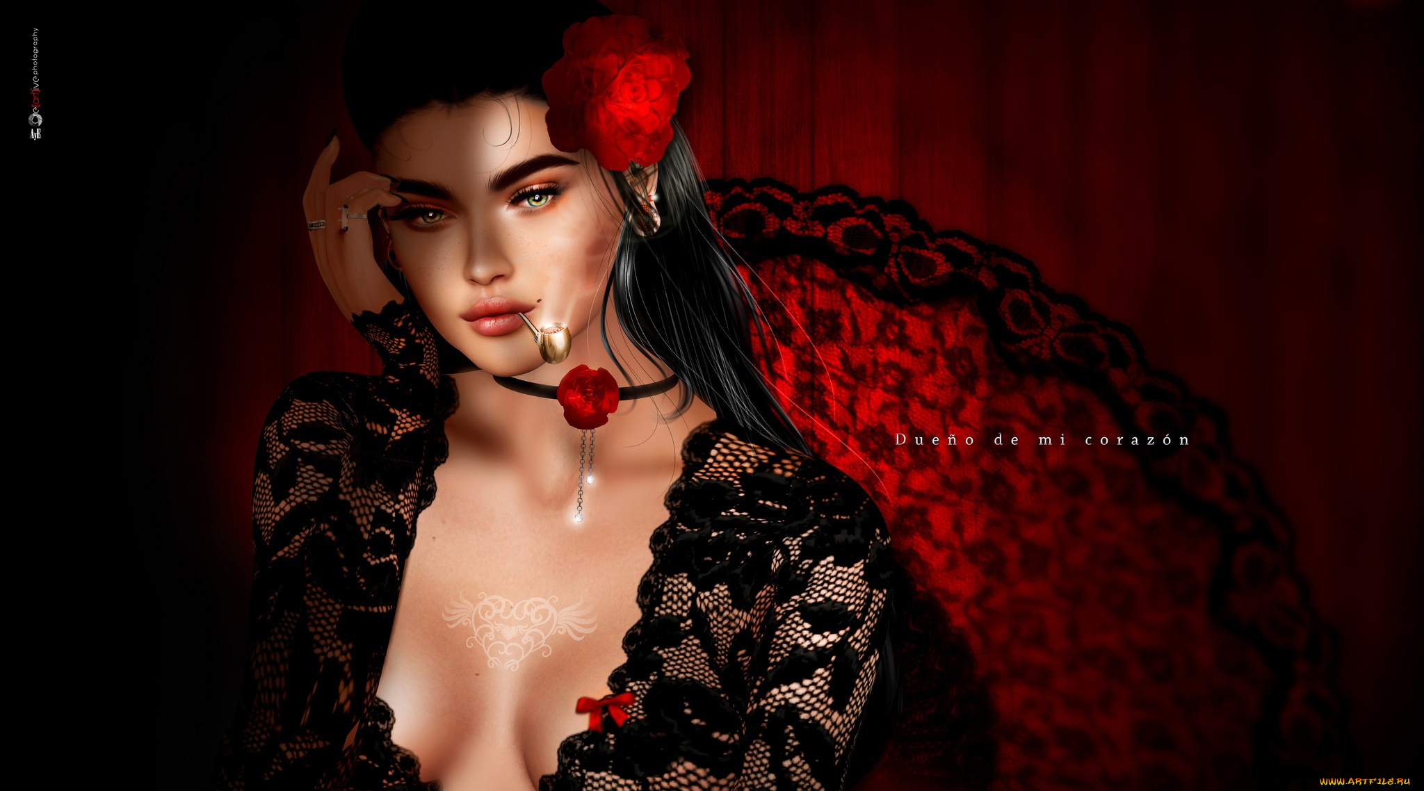 3д, графика, портрет, , portraits, испанка, кружева, трубка, роза, девушка