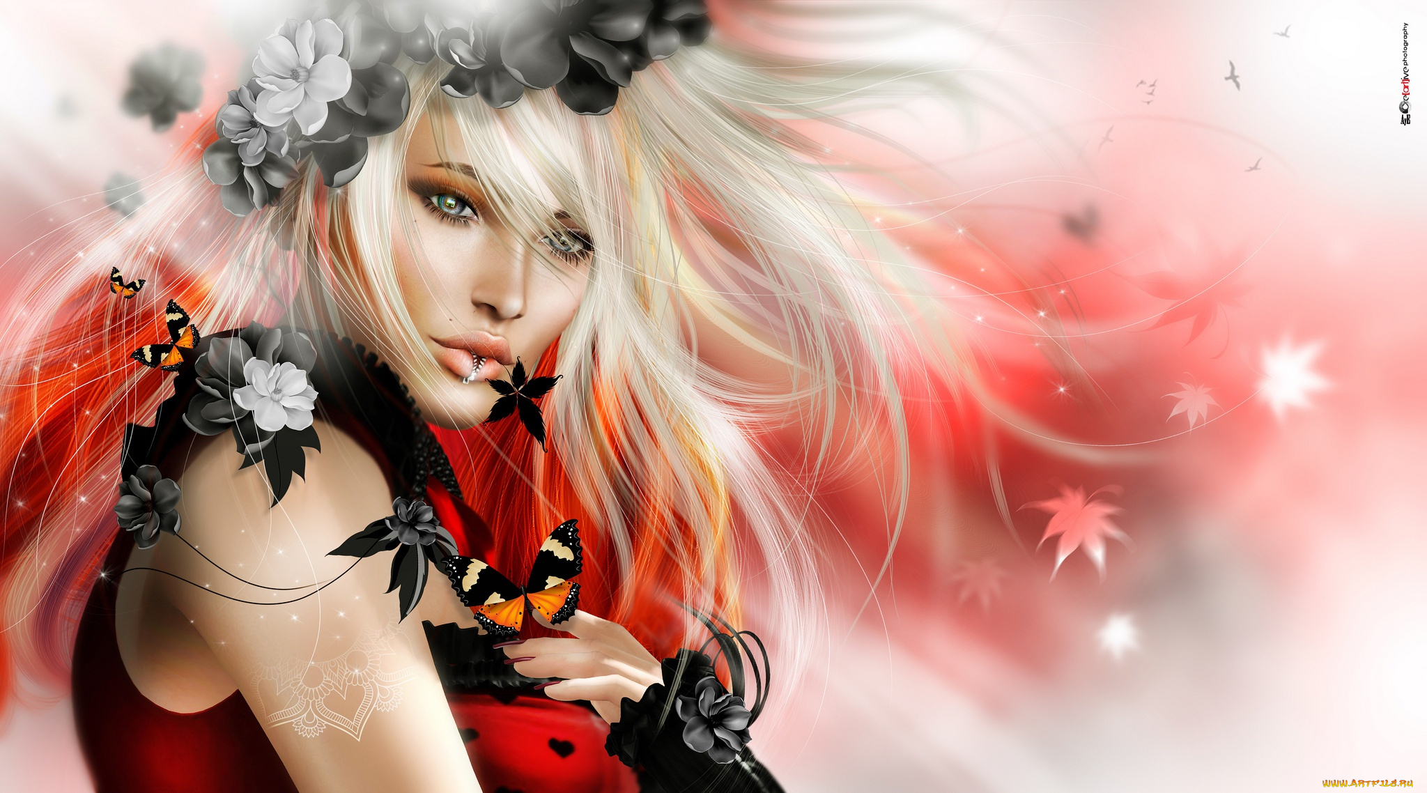 3д, графика, портрет, , portraits, венок, блондинка, бабочка, девушка