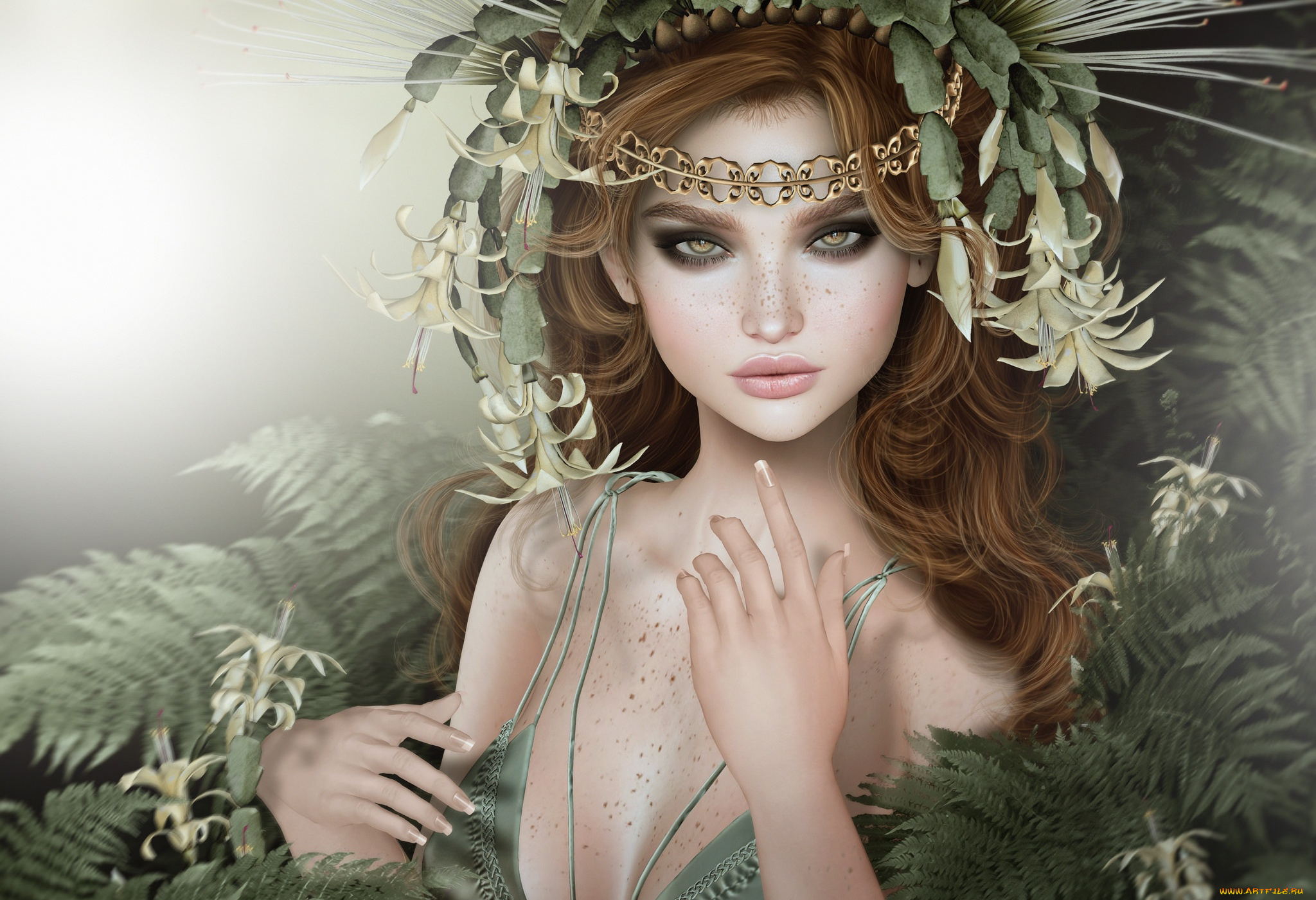 3д, графика, портрет, , portraits, венок, волосы, цветы, девушка
