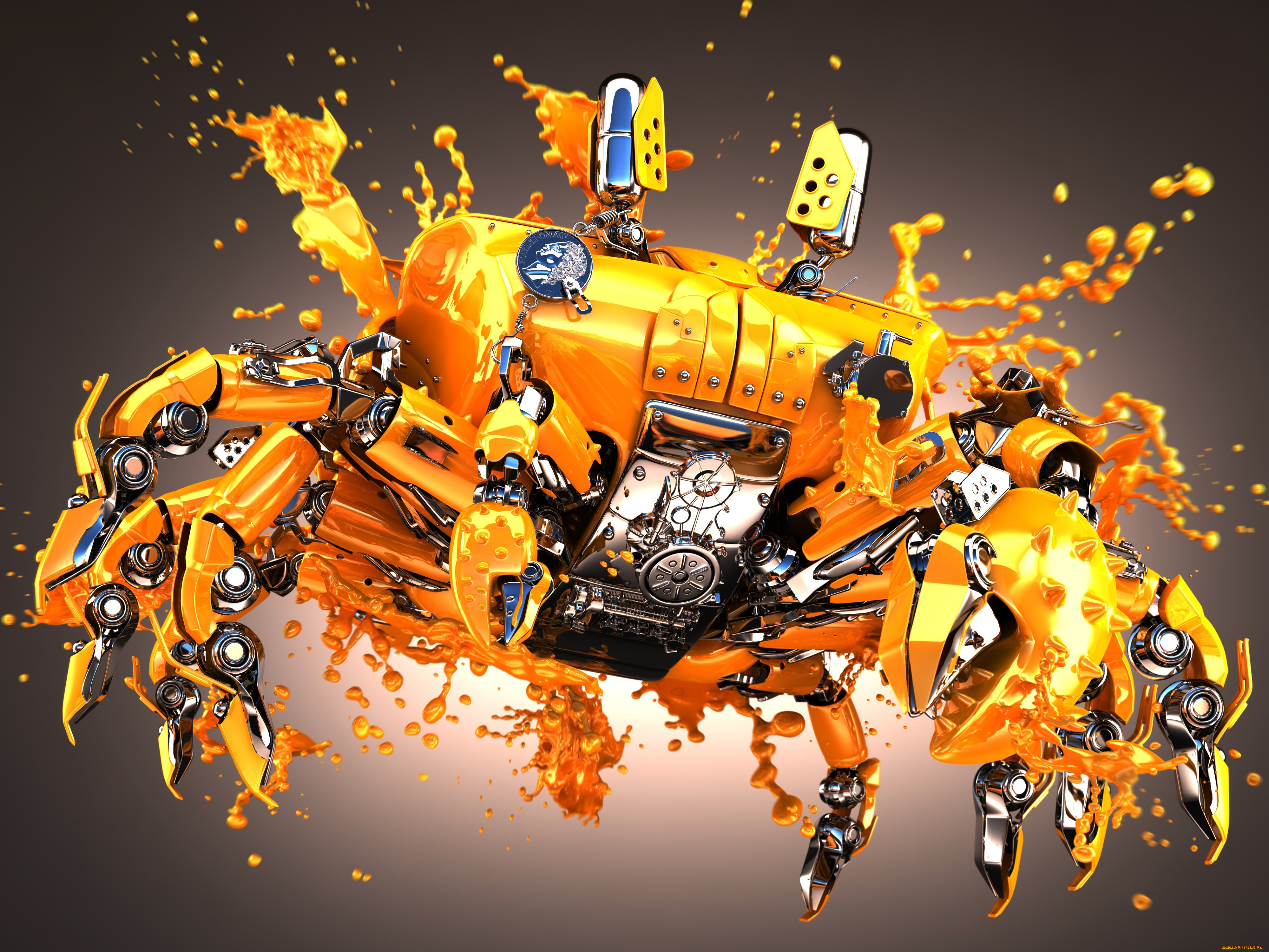 3д, графика, моделирование, , modeling, брызги, вода, желтый, капли, блеск, металл, краб