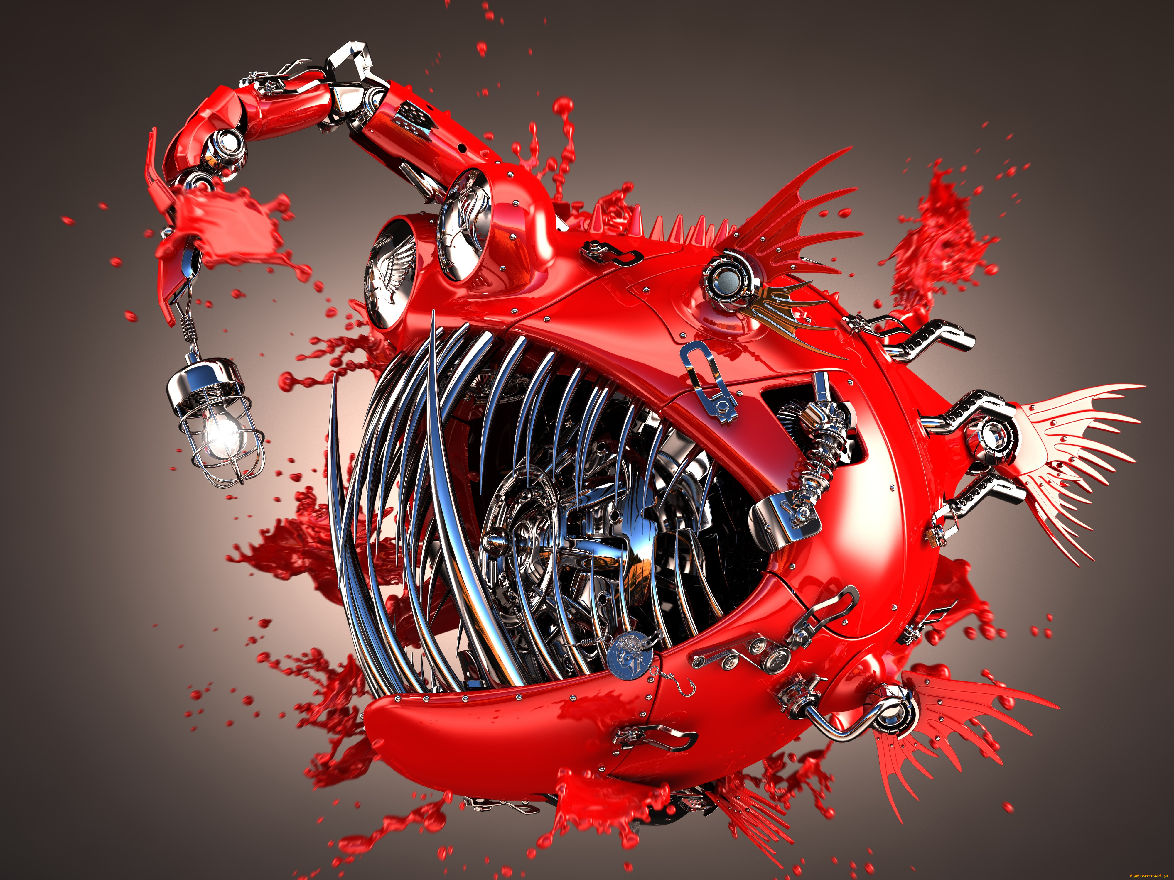 3д, графика, моделирование, , modeling, капли, брызги, металл, блеск, красная, детали, рыба, фонарь