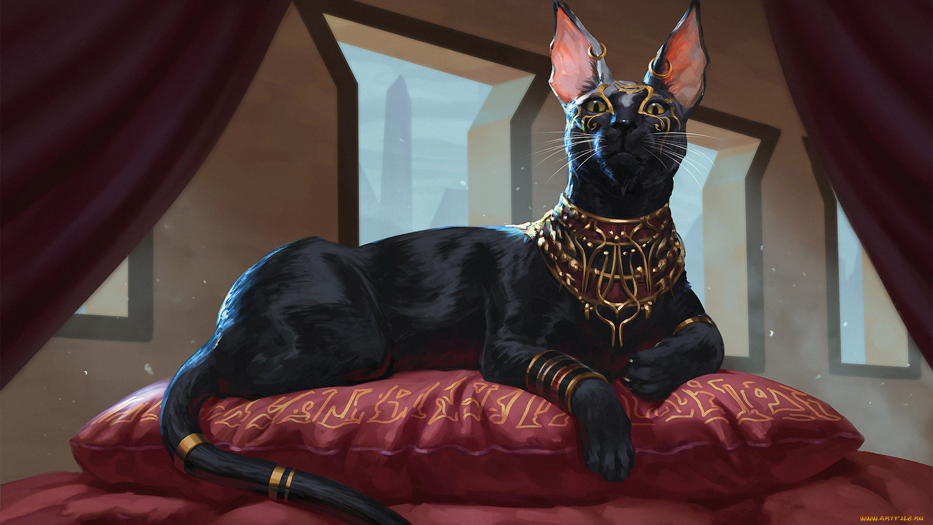 фэнтези, существа, подушка, украшения, фон, кошка
