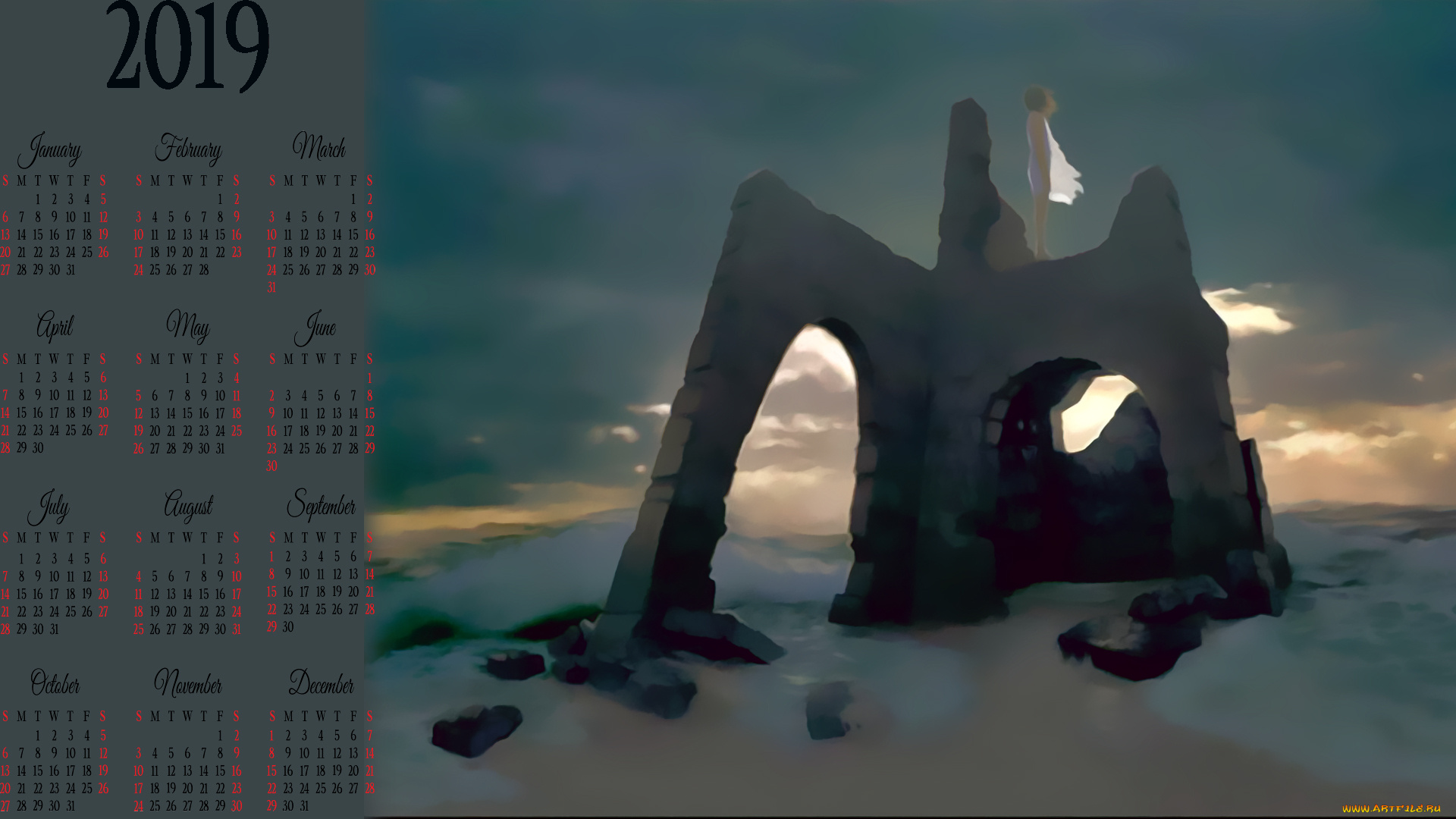 календари, фэнтези, объект, девушка, ветер