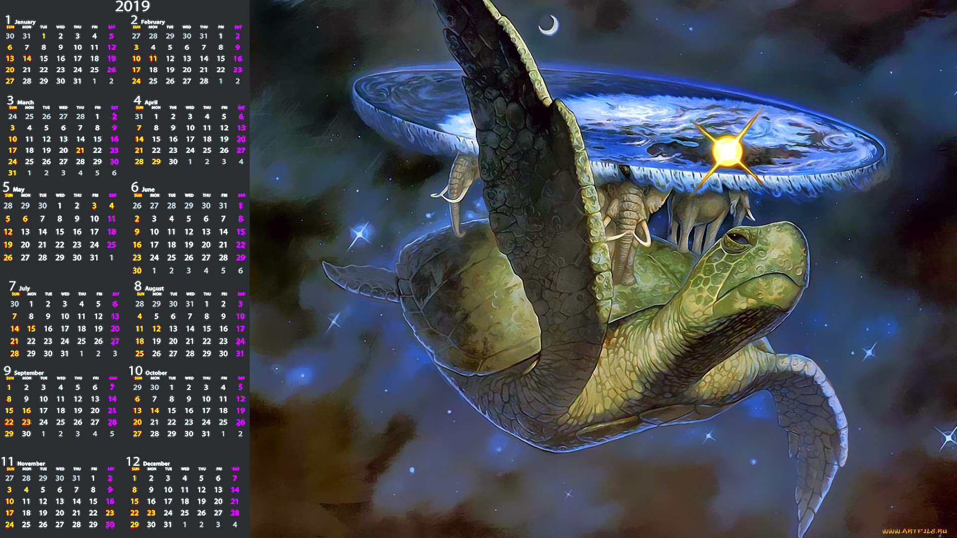 календари, фэнтези, полет, слон, черепаха