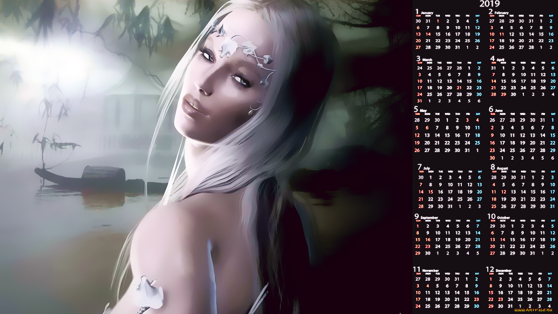 календари, фэнтези, водоем, девушка, взгляд