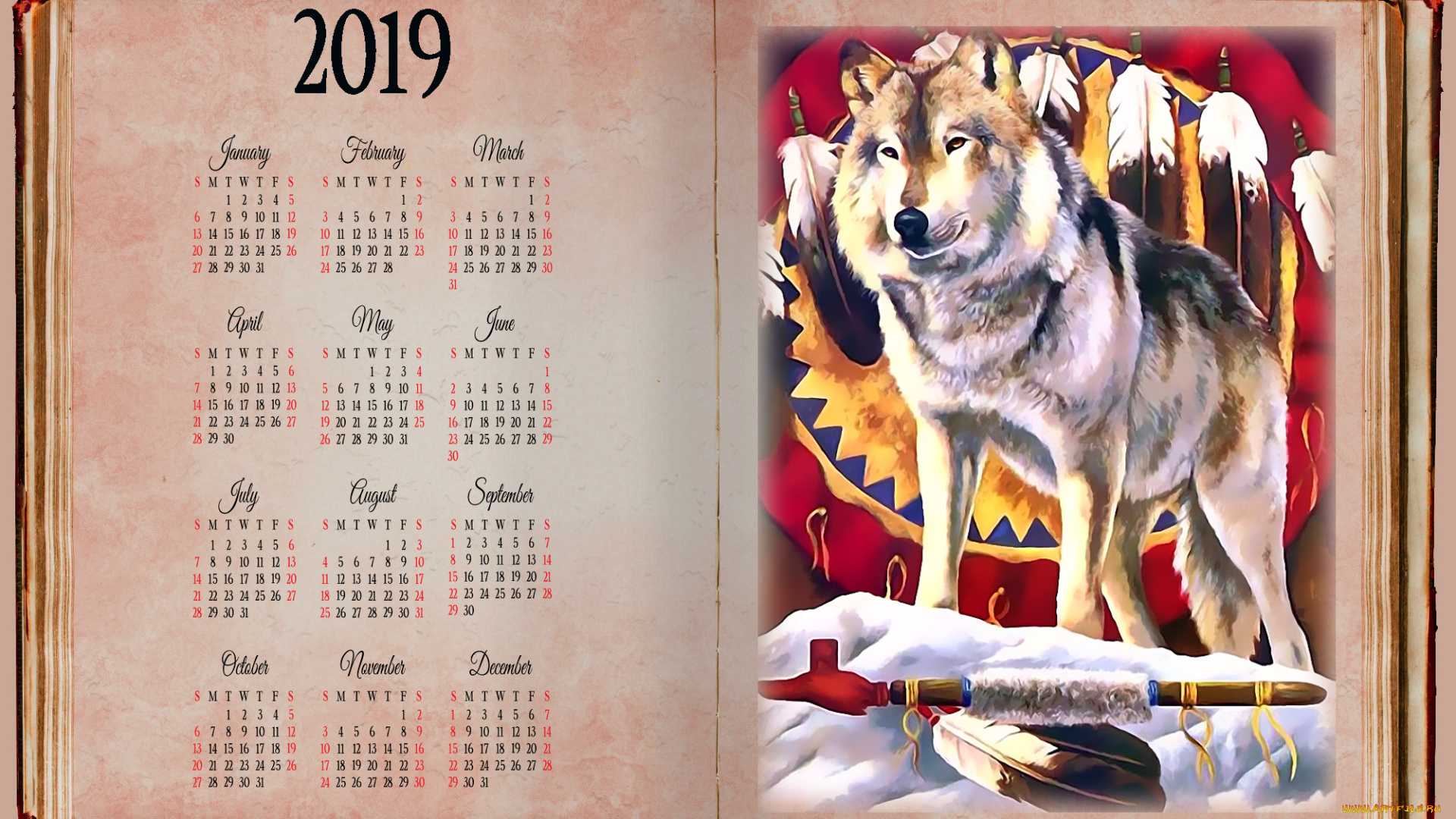 календари, рисованные, , векторная, графика, перо, волк, книга, снег