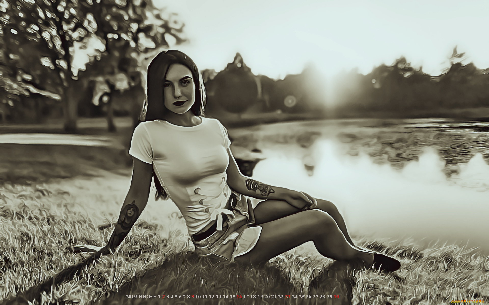 календари, компьютерный, дизайн, водоем, девушка, растение, сидеть, природа, тату