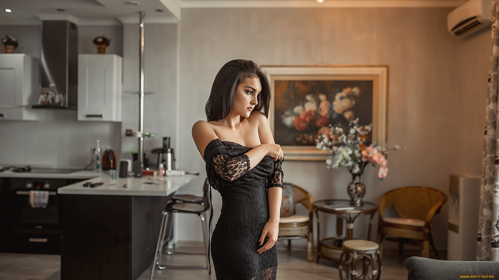 девушки, -, брюнетки, , шатенки, платье, поза