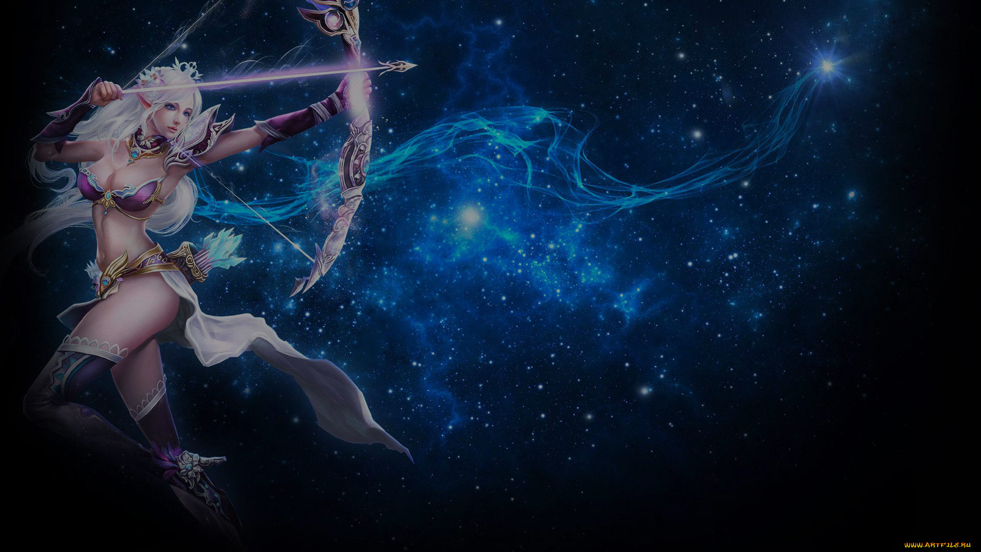 фэнтези, эльфы, девушка, лук, стрелец, космос