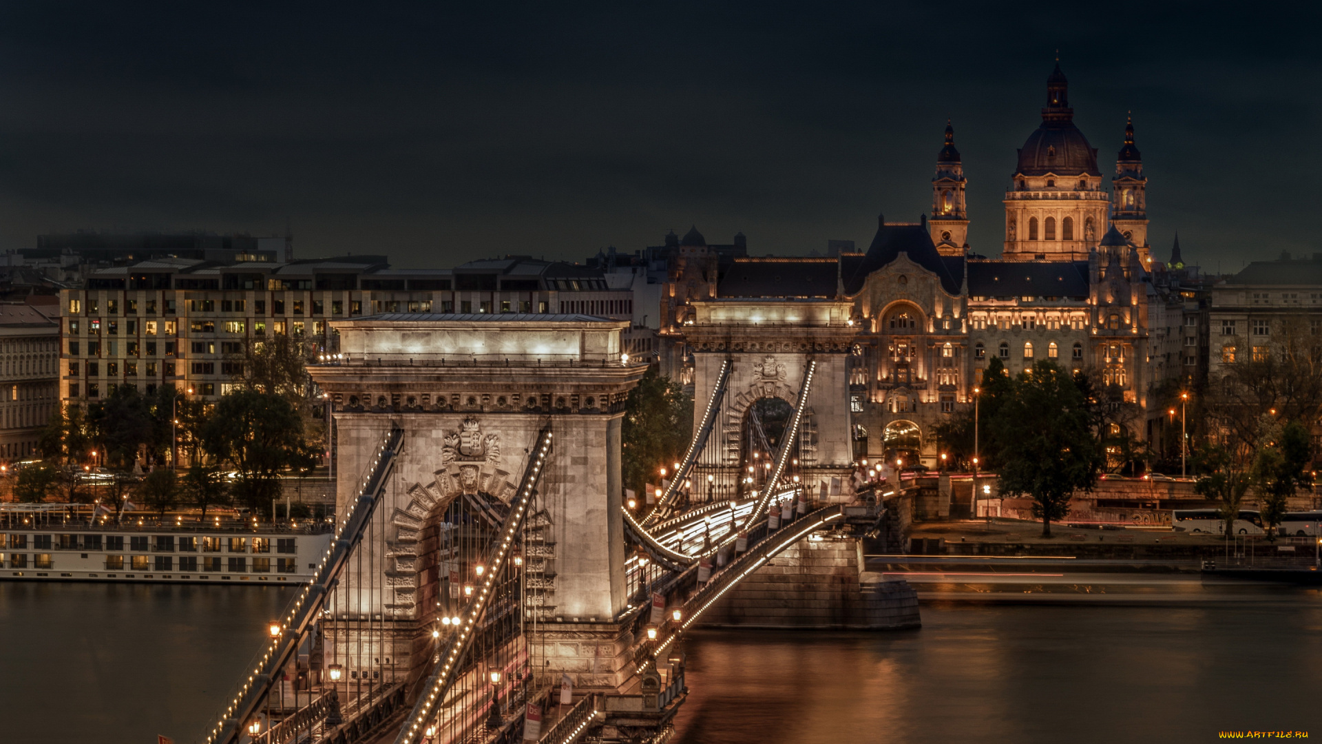 города, будапешт, , венгрия, река, мост, вечер, огни