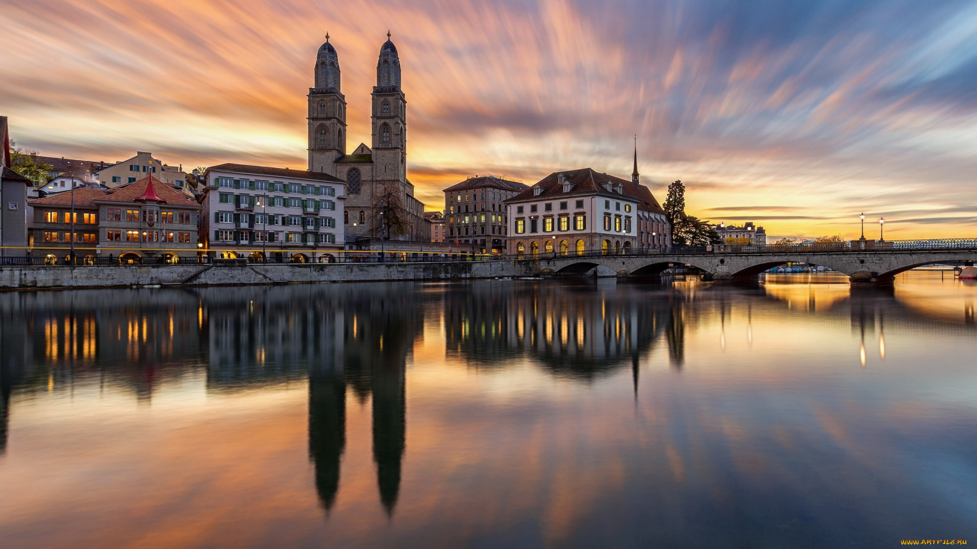 города, цюрих, , швейцария, река, мост, закат