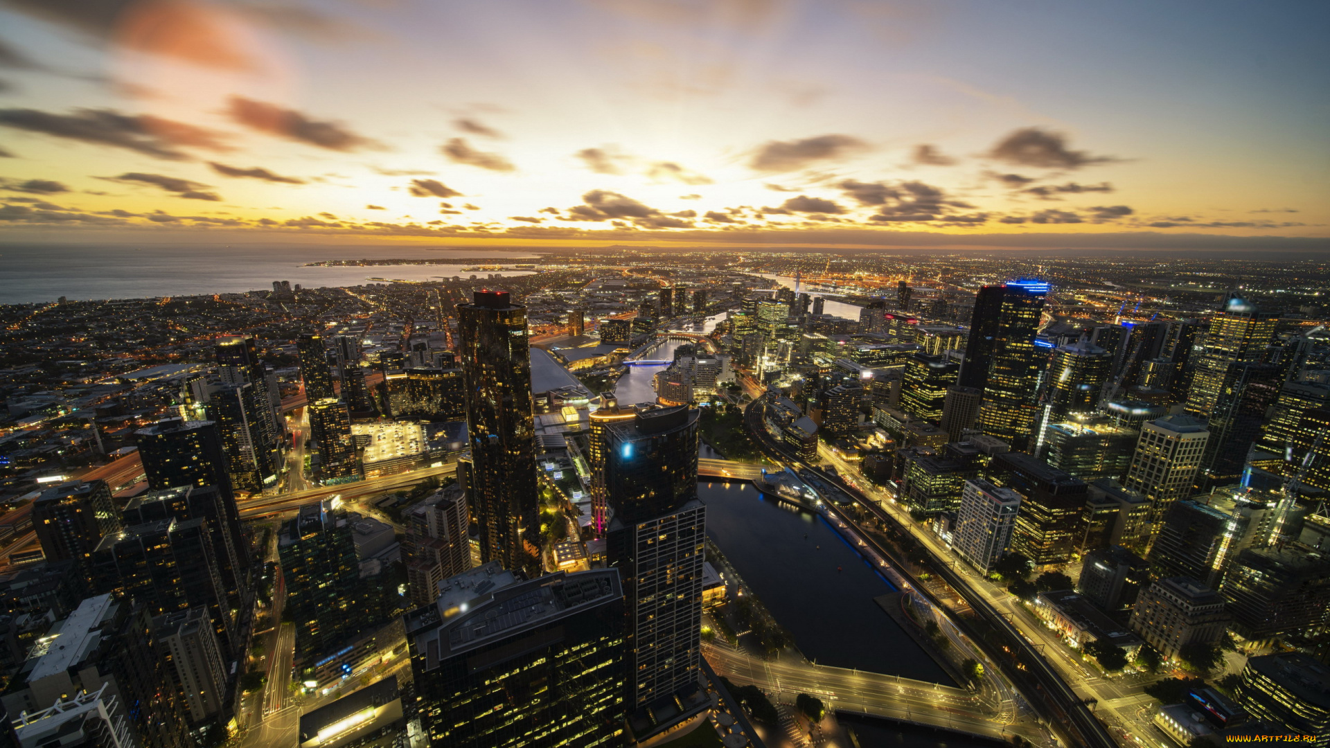 города, мельбурн, , австралия, панорама, вечер