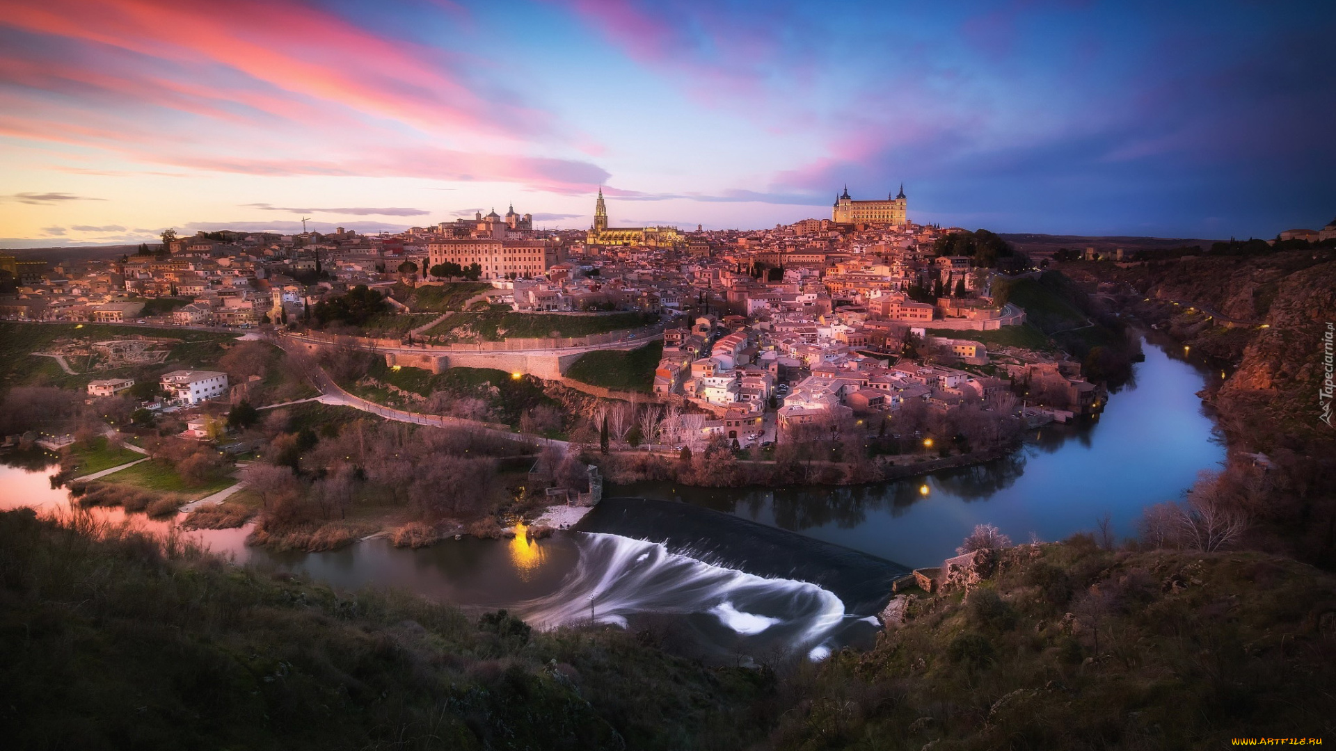 города, толедо, , испания, закат, облака, панорама