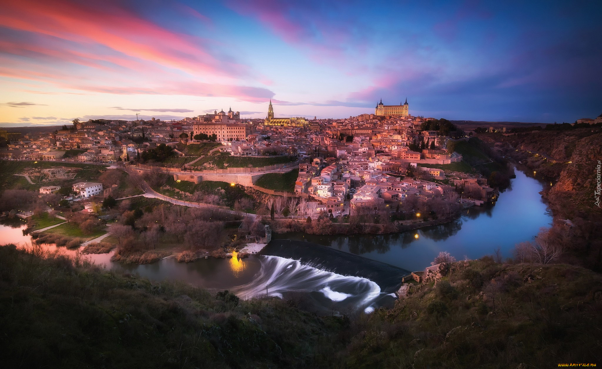 города, толедо, , испания, закат, облака, панорама